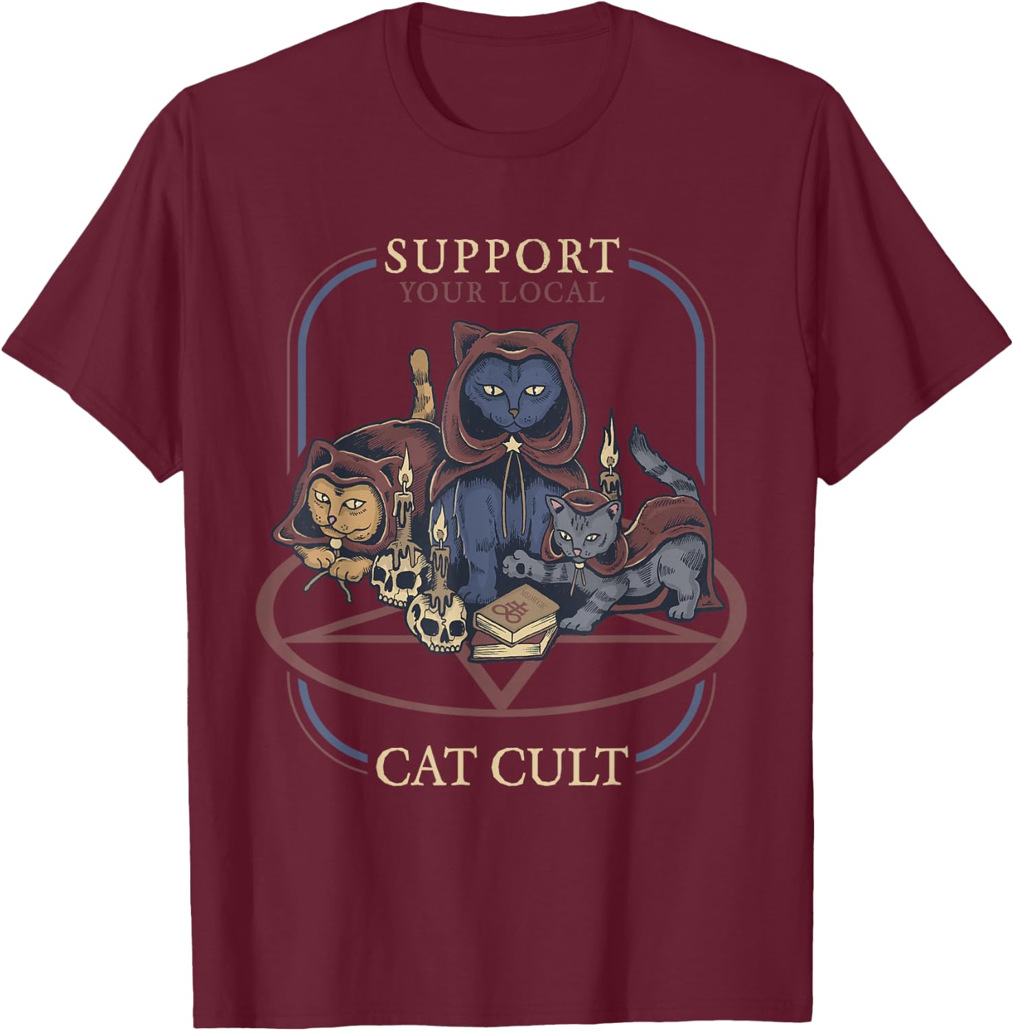 Support Your Local Cat Cult - Retro Occult T-Shirt - T-Shirt | Maroon