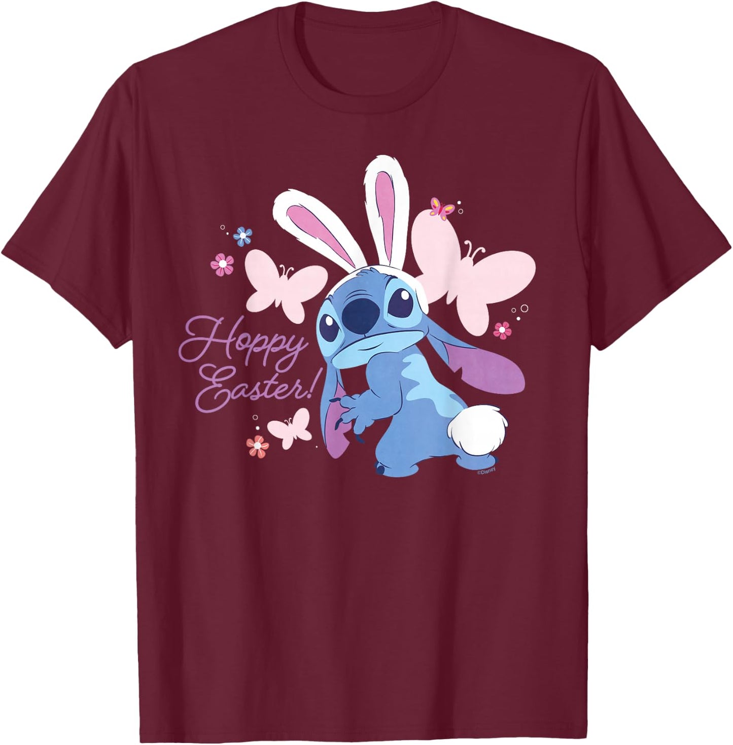 Disney Lilo & Stitch Hoppy Easter Bunny and Butterflies T-Shirt - T-Shirt | Maroon