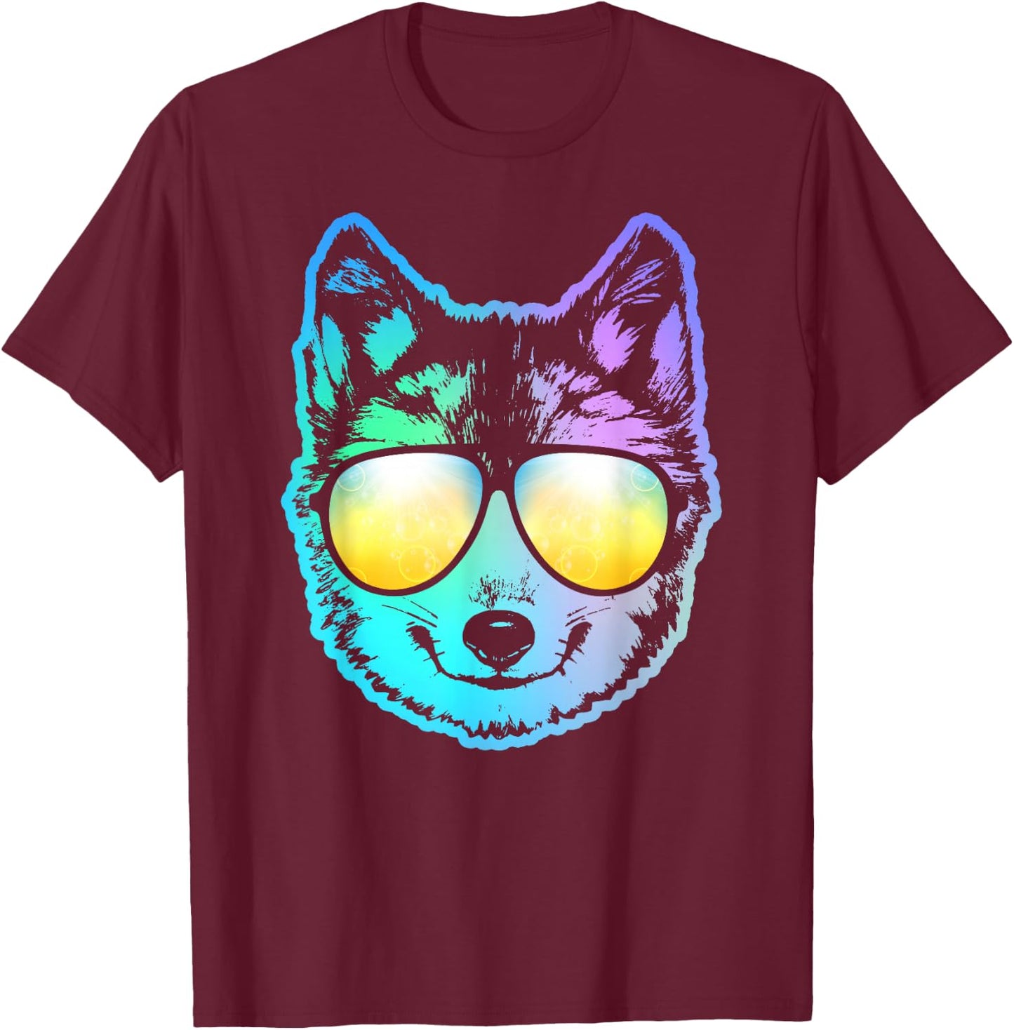 Siberian Husky Neon Funny Animal T-Shirt - T-Shirt | Maroon