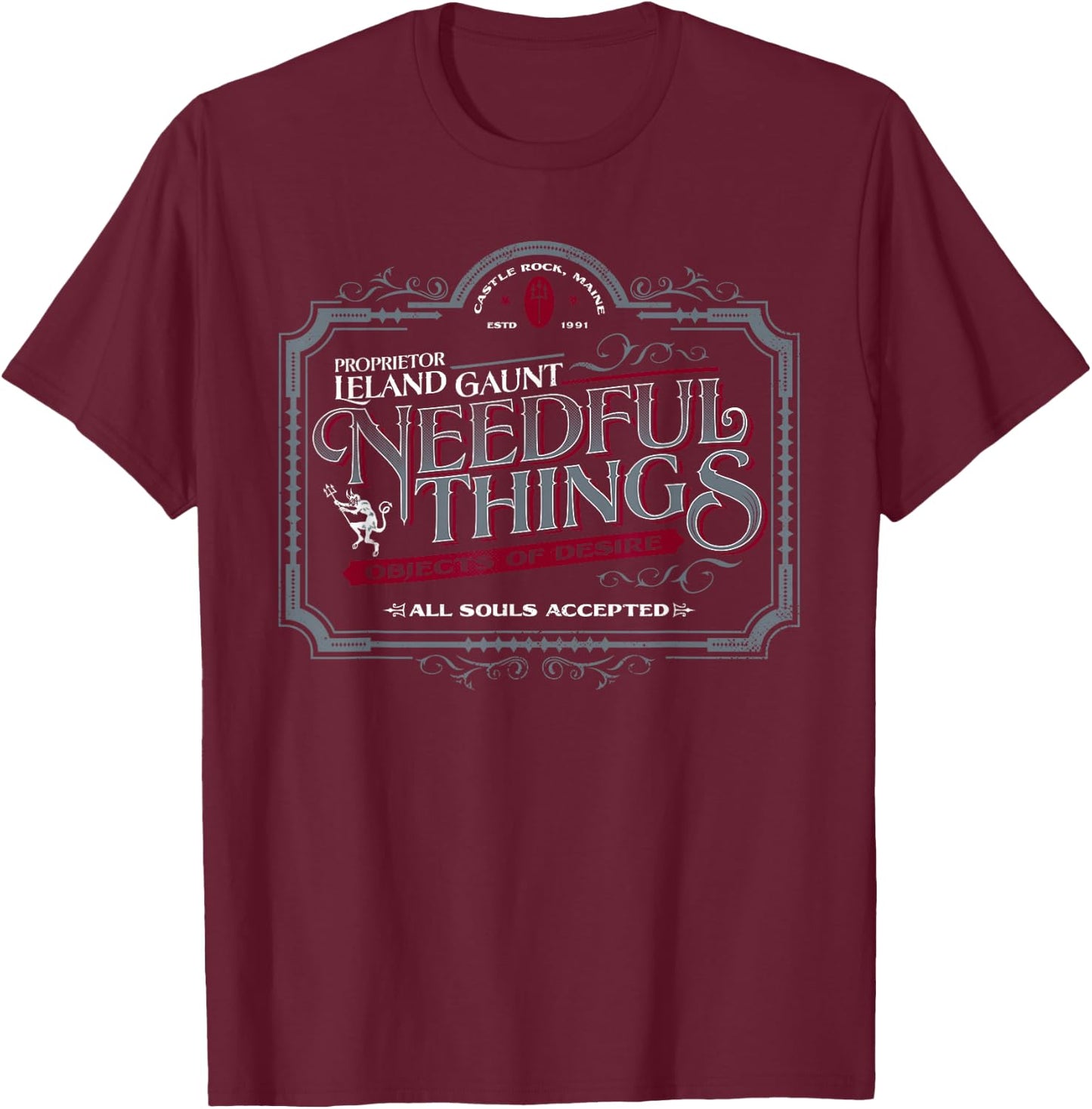 Gothic Horror Graphic Logo | Needful Things Devil T-Shirt - T-Shirt | Maroon