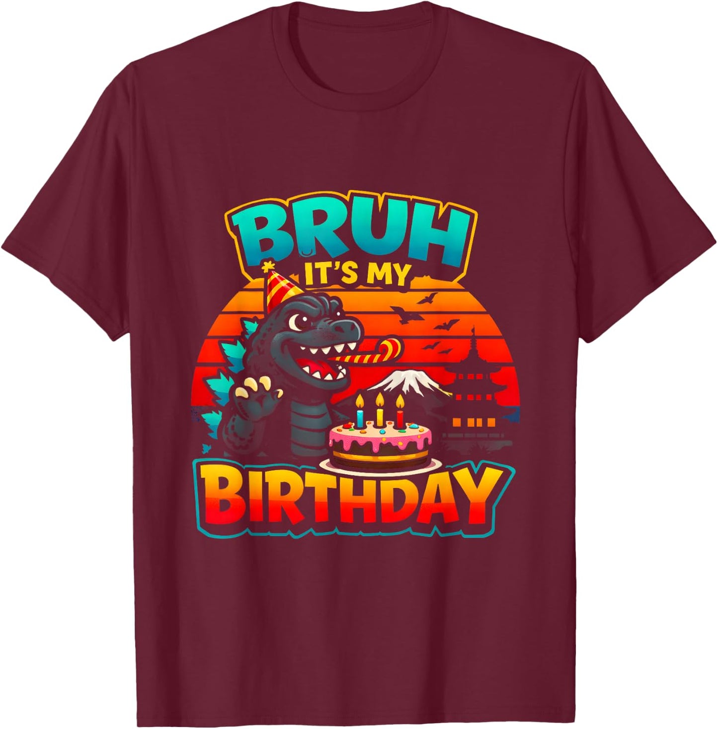 Funny Dinosaur It’s My Birthday Retro Sunset Giant Monster T-Shirt - T-Shirt | Maroon