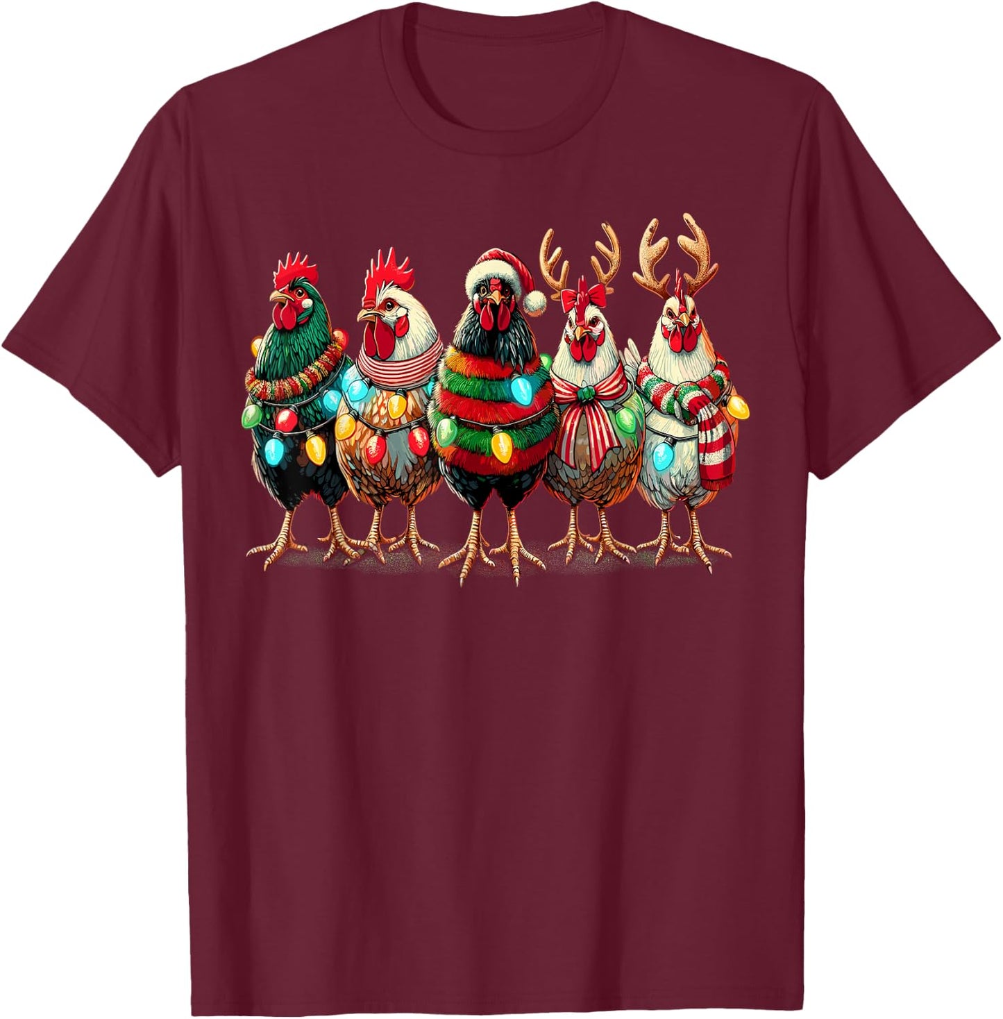 Chicken Lover Christmas Lights Farm Animal Cute Xmas T-Shirt - T-Shirt | Maroon