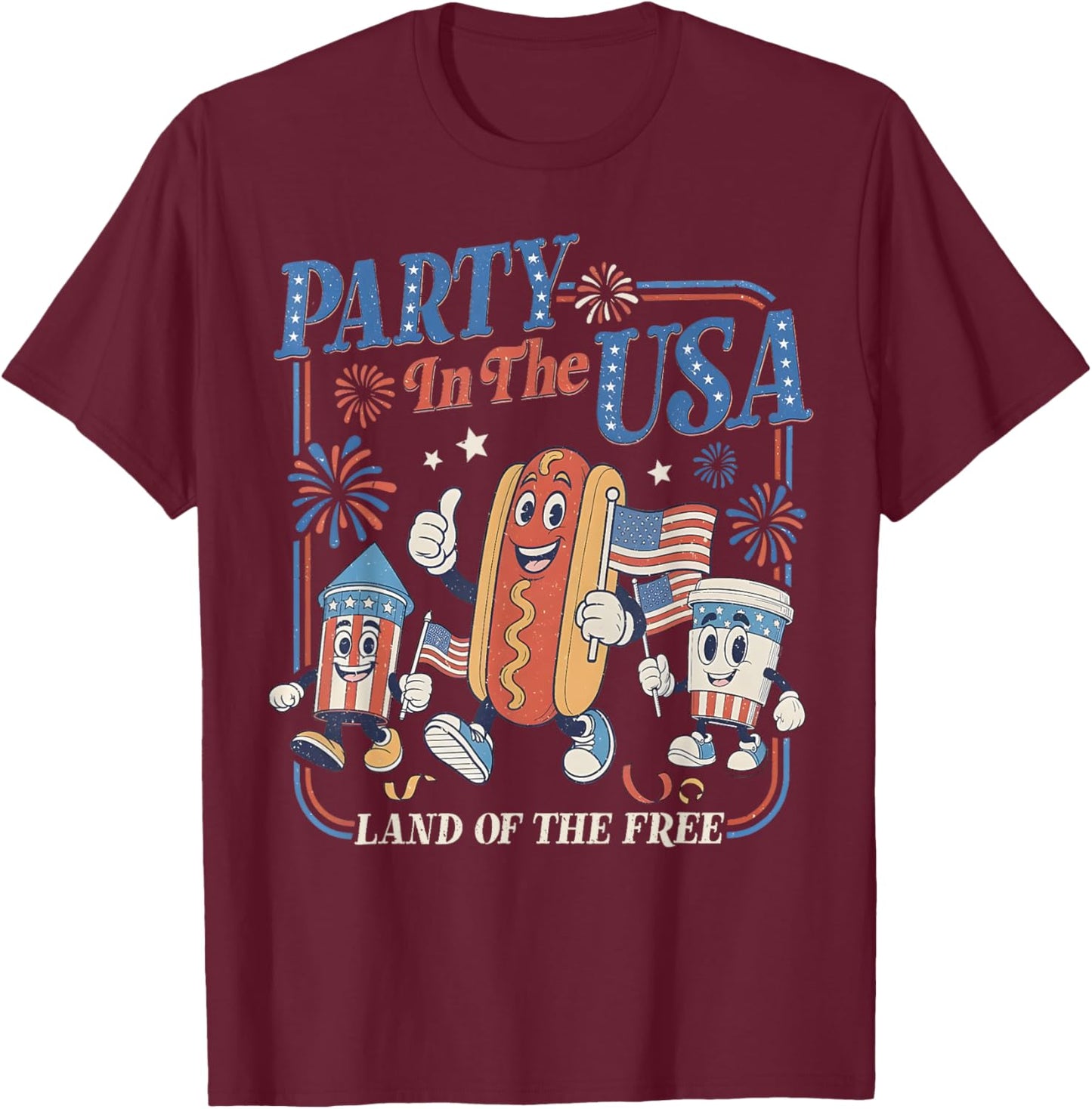 Retro Party In The USA Hot Dog Flag USA 4th Of July Party Men Women Kids T-Shirt - T-Shirt | Maroon
