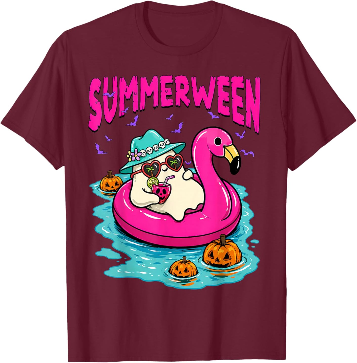 Summerween Funny Ghost Halloween Summer Floating in Flamingo T-Shirt - T-Shirt | Maroon