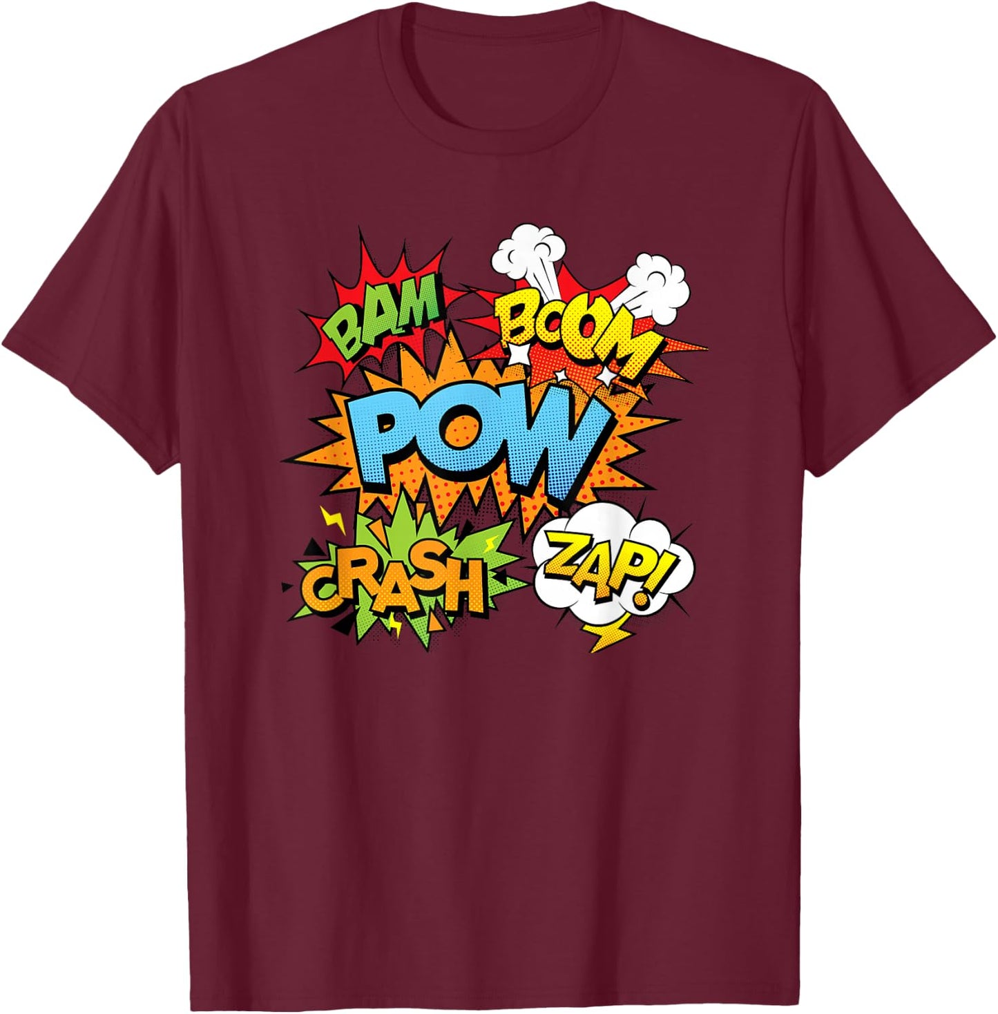 Comic Book Bam Pow Crash Boom Zap Bubbles in Bright Colors T-Shirt - T-Shirt | Maroon