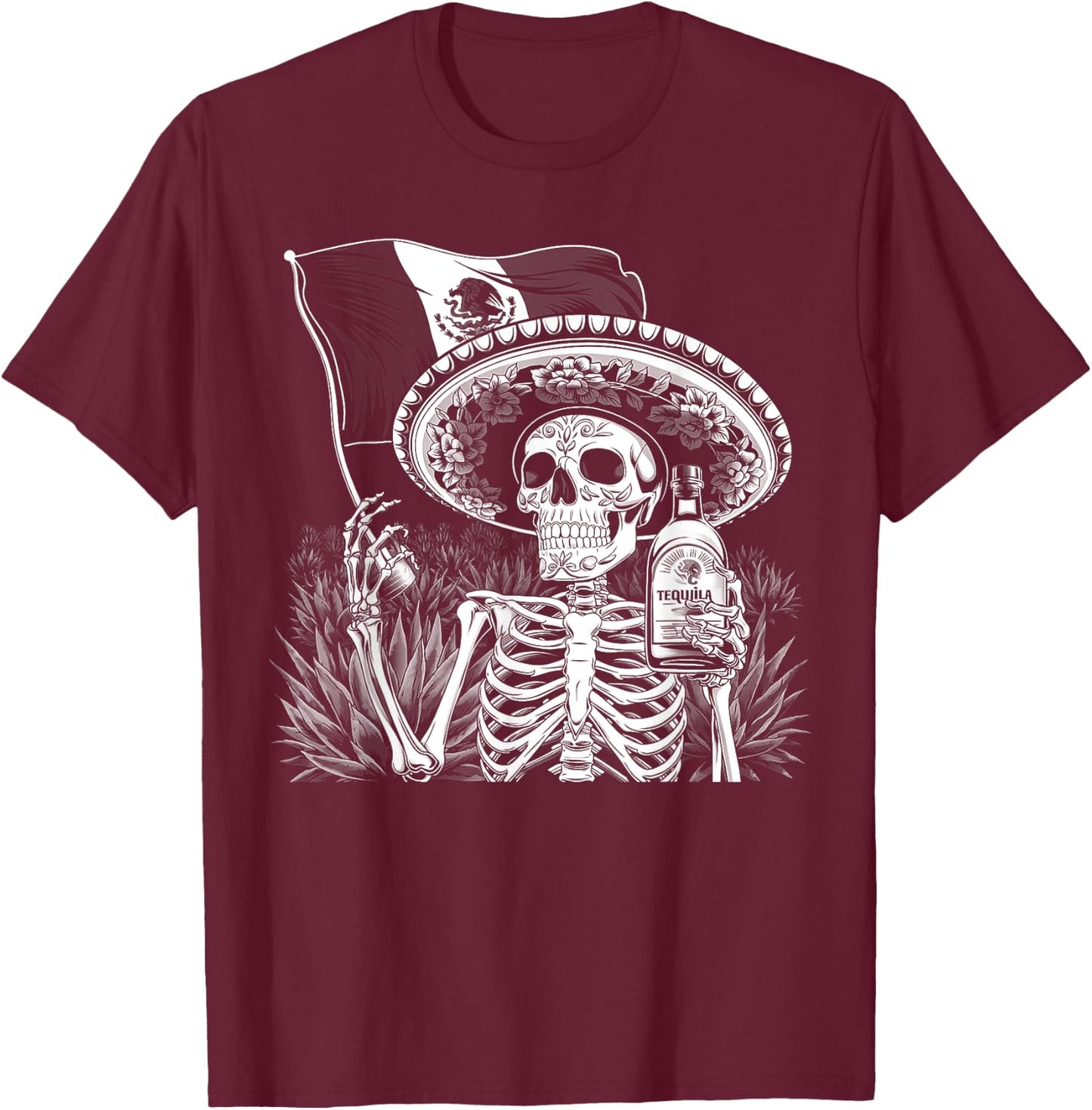 Mexico Vintage Skeleton Tequila Dia De Los Muertos Mexican T-Shirt - T-Shirt | Maroon