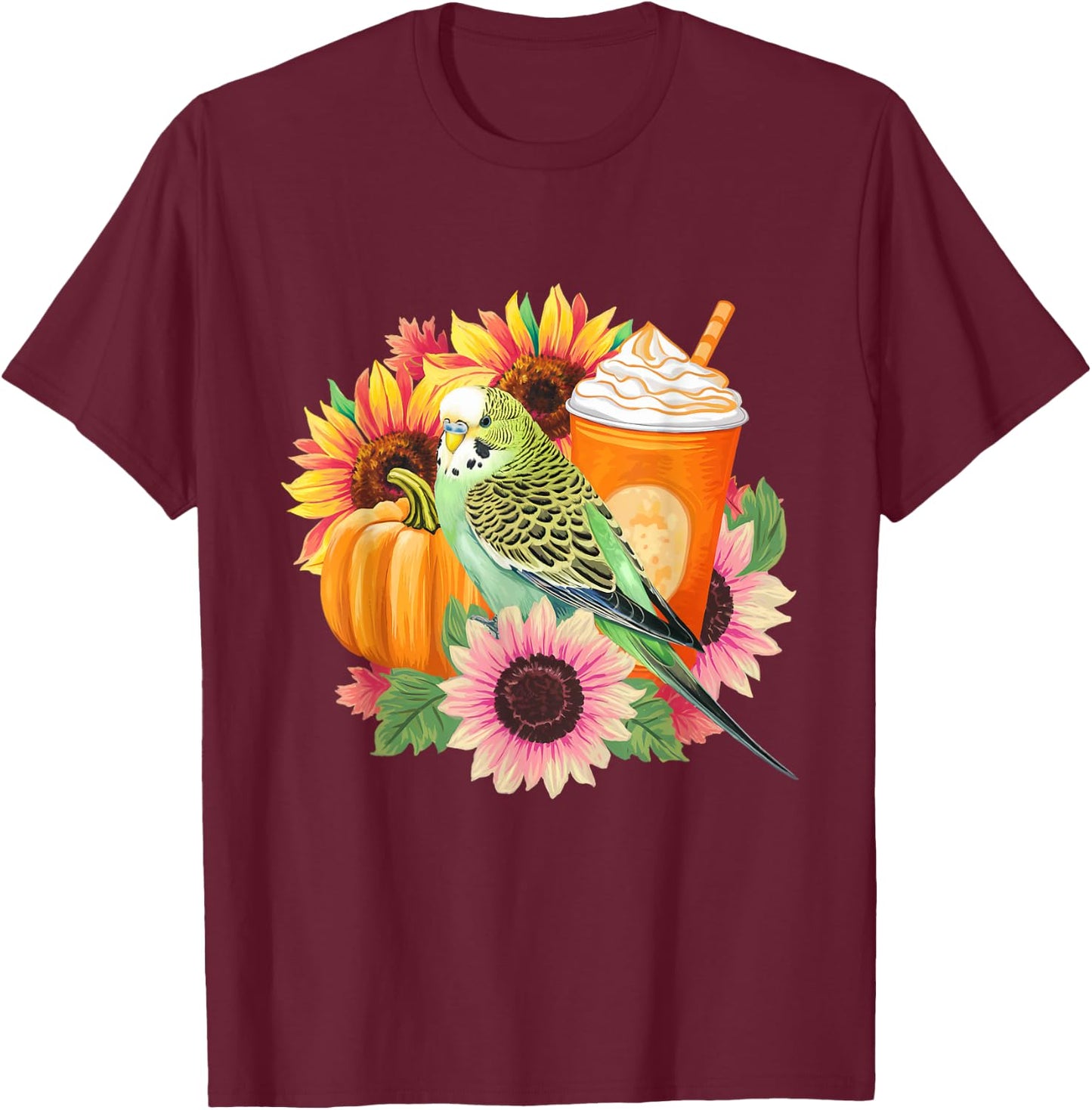 Budgies Autumn Love Pumpkin Latte and Flowers T-Shirt - T-Shirt | Maroon