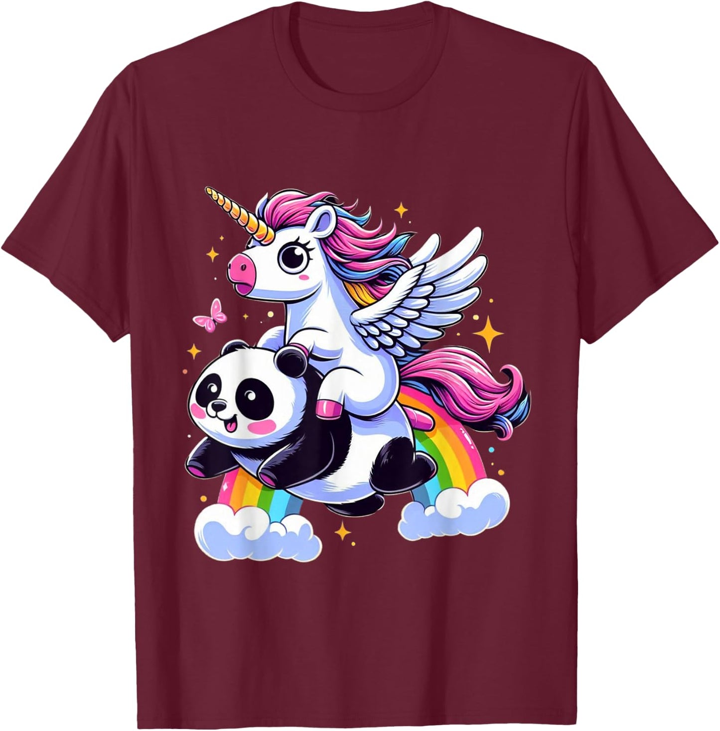 Unicorn Riding Panda Boys Girls Men Women Kids Rainbow T-Shirt - T-Shirt | Maroon
