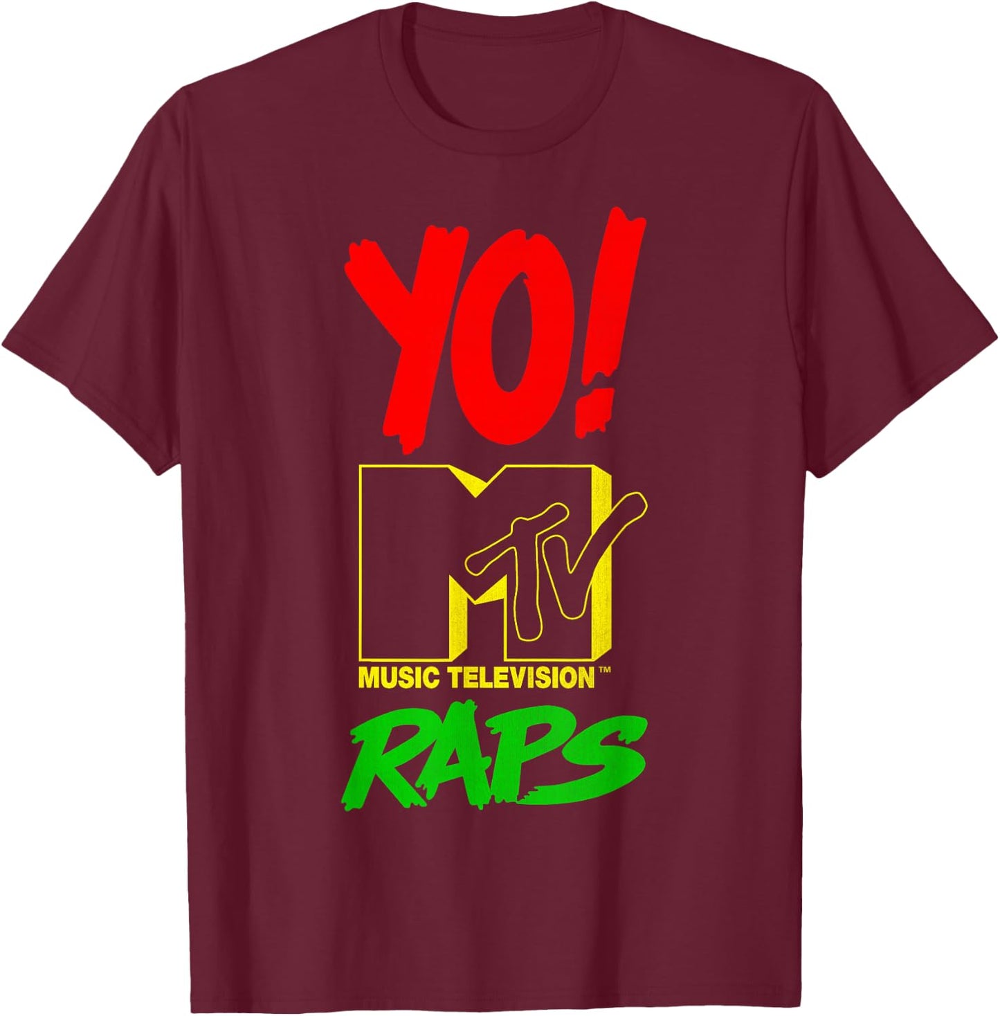 Yo! Mtv Raps Red Yellow Green Stack Text T-Shirt - T-Shirt | Maroon