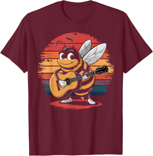 bee Playing Guitar Vintage Guitar retro Rock Guitarist T-Shirt - T-Shirt | Maroon