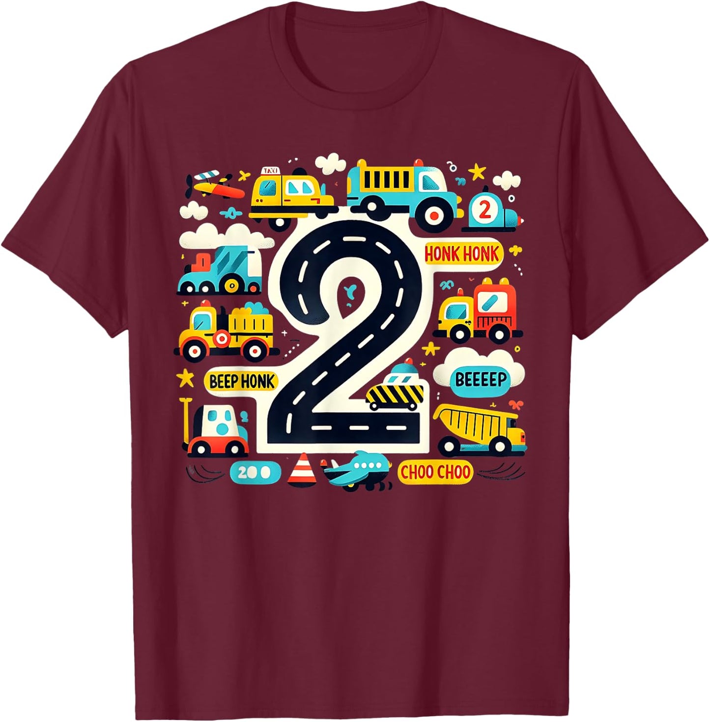 Kids 2 Transportation Trucks Car 2nd Birthday Toddler Boy T-Shirt - T-Shirt | Maroon