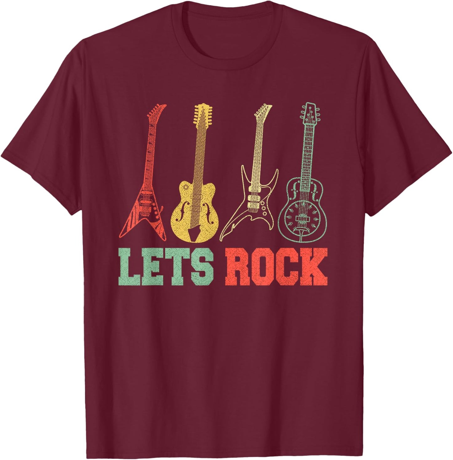 Lets Rock Rock n Roll Guitar Retro Small T-Shirt - T-Shirt | Maroon