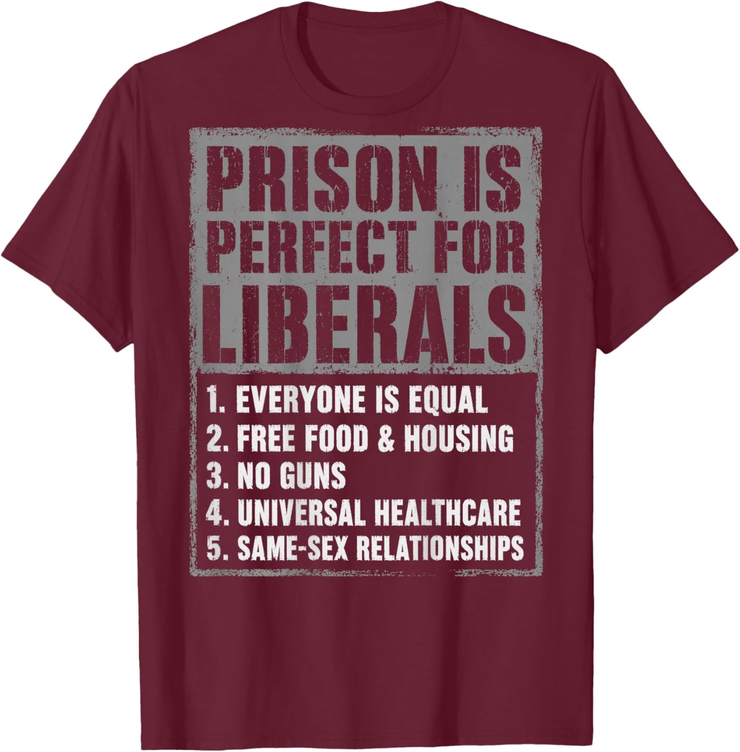 Prison is Perfect for Liberals (ON Back) Anti Liberal Quote T-Shirt - T-Shirt | Maroon