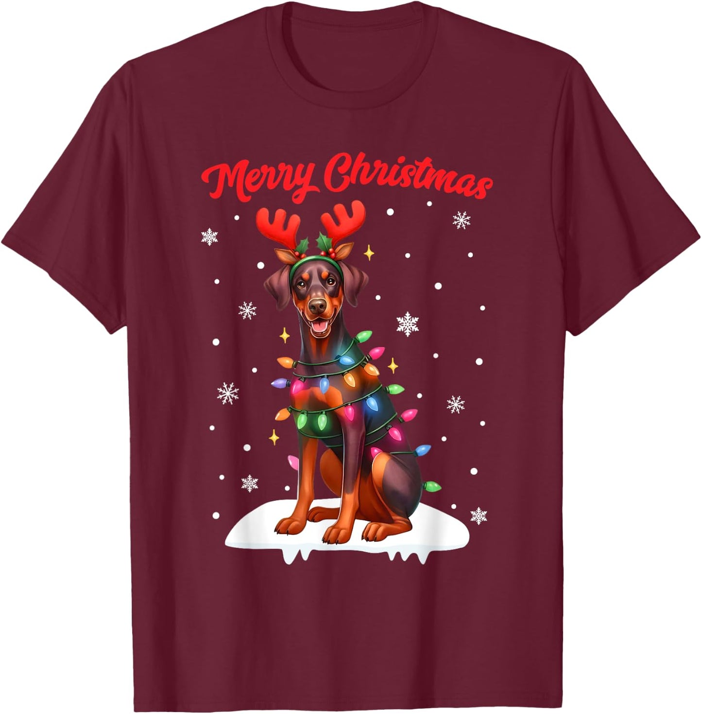 Christmas Pajamas Men Women Kids Doberman Pinscher Dog T-Shirt - T-Shirt | Maroon