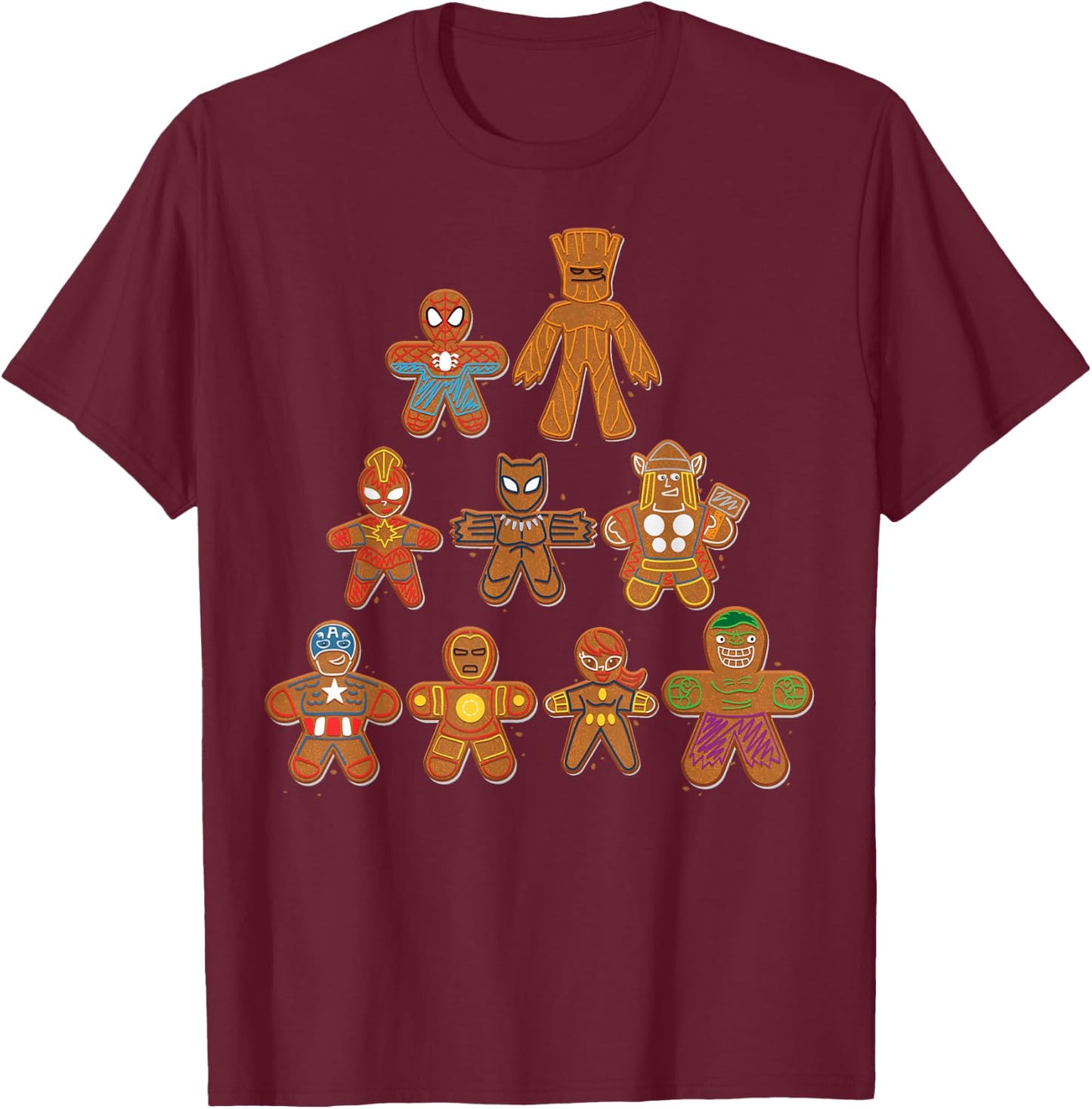 Marvel Avengers Gingerbread Cookie Tree T-Shirt - T-Shirt | Maroon
