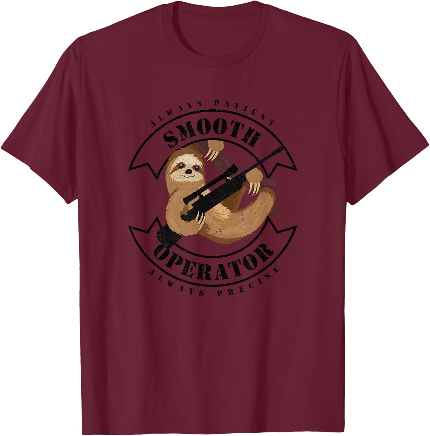 Tactical Sloth Sloth Sniper Smooth Operator - Green, , Short Sleeve, -Adults, Military-Themed Sloth Sniper , Small T-Shirt - T-Shirt | Maroon