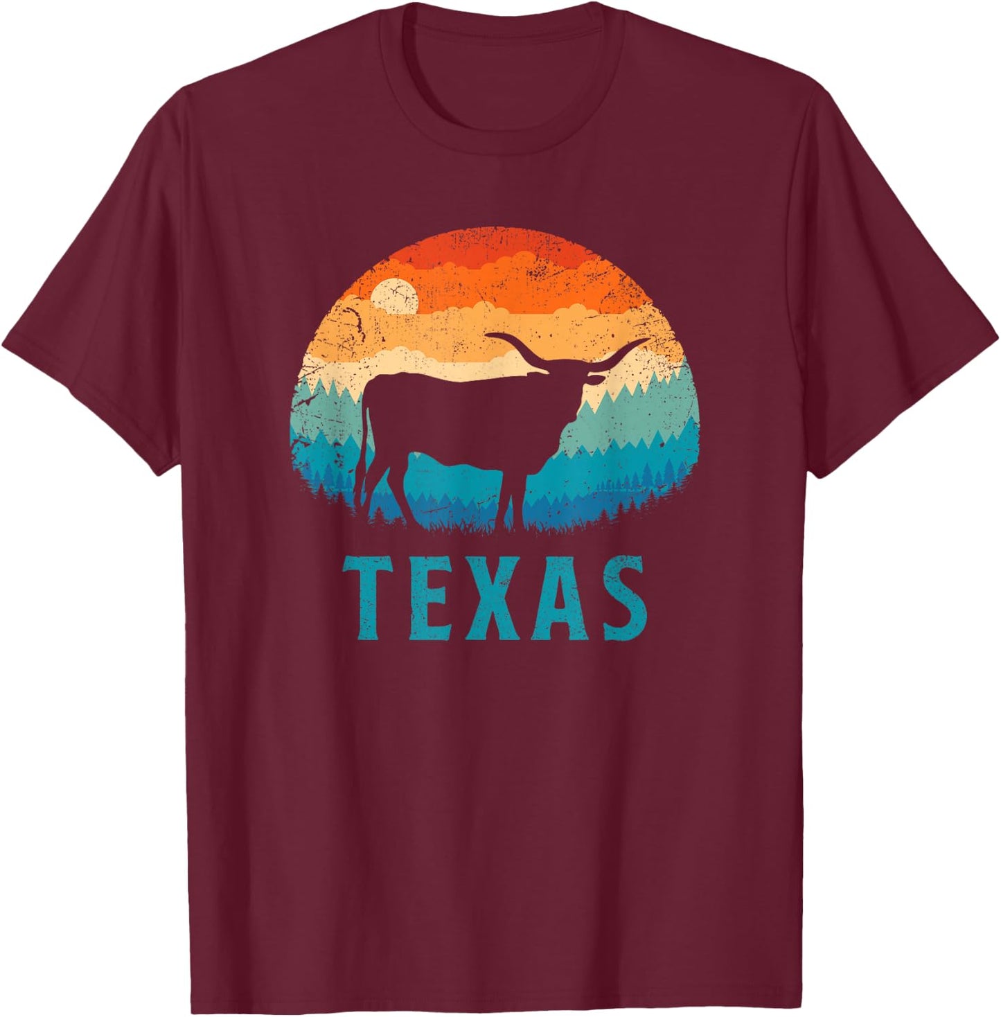Texas Longhorn Cow Vintage Texan Cattle Herd Retro Lone Star T-Shirt - T-Shirt | Maroon