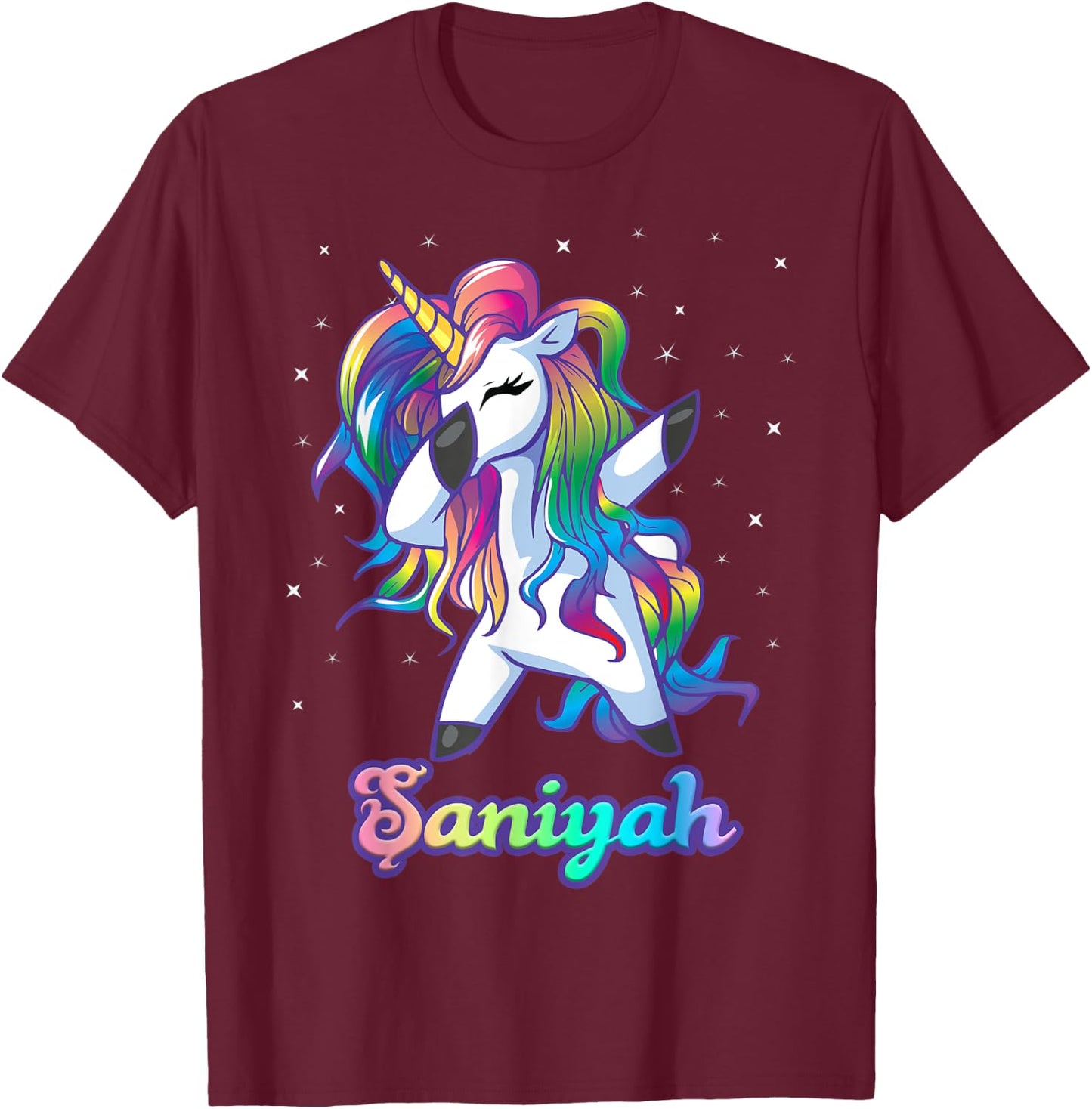 SANIYAH Name Personalized Custom Rainbow Unicorn Dabbing T-Shirt - T-Shirt | Maroon