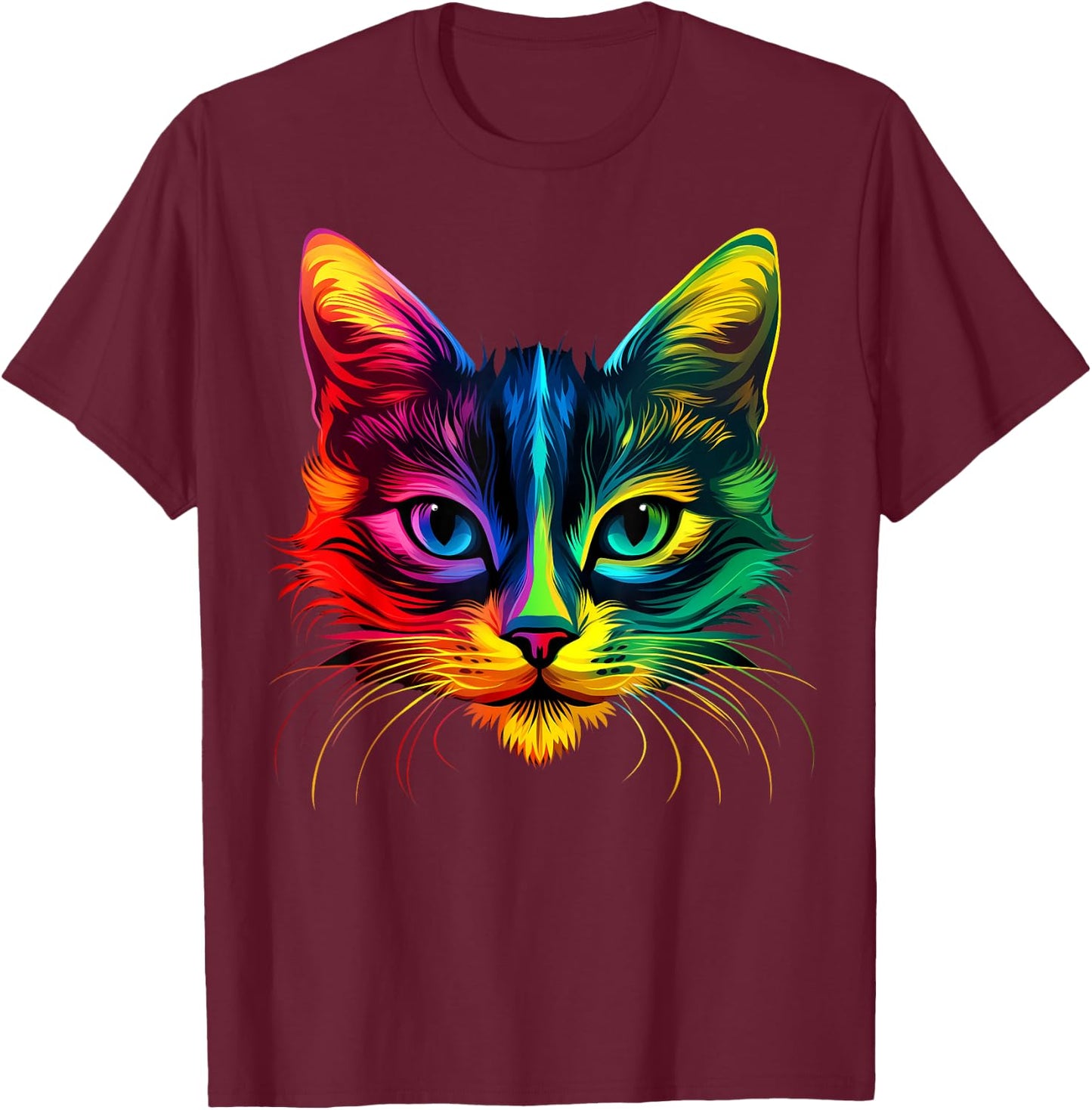 Colorful Cat Face Cute Pet Animal Lover Men Women Black T-Shirt - T-Shirt | Maroon