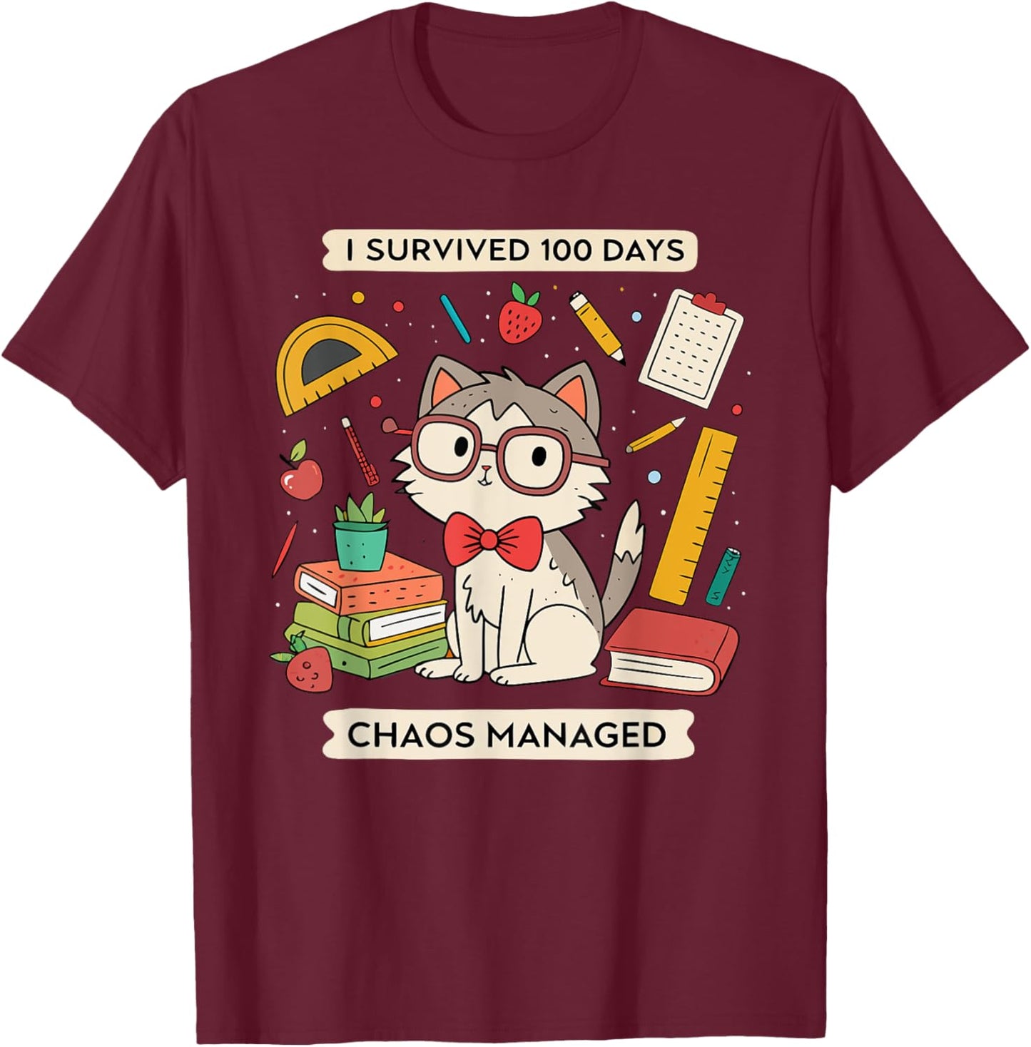 I Survived 100 Days Of School - Funny Cute Teacher Cat Men Women Kids T-Shirt - T-Shirt | Maroon