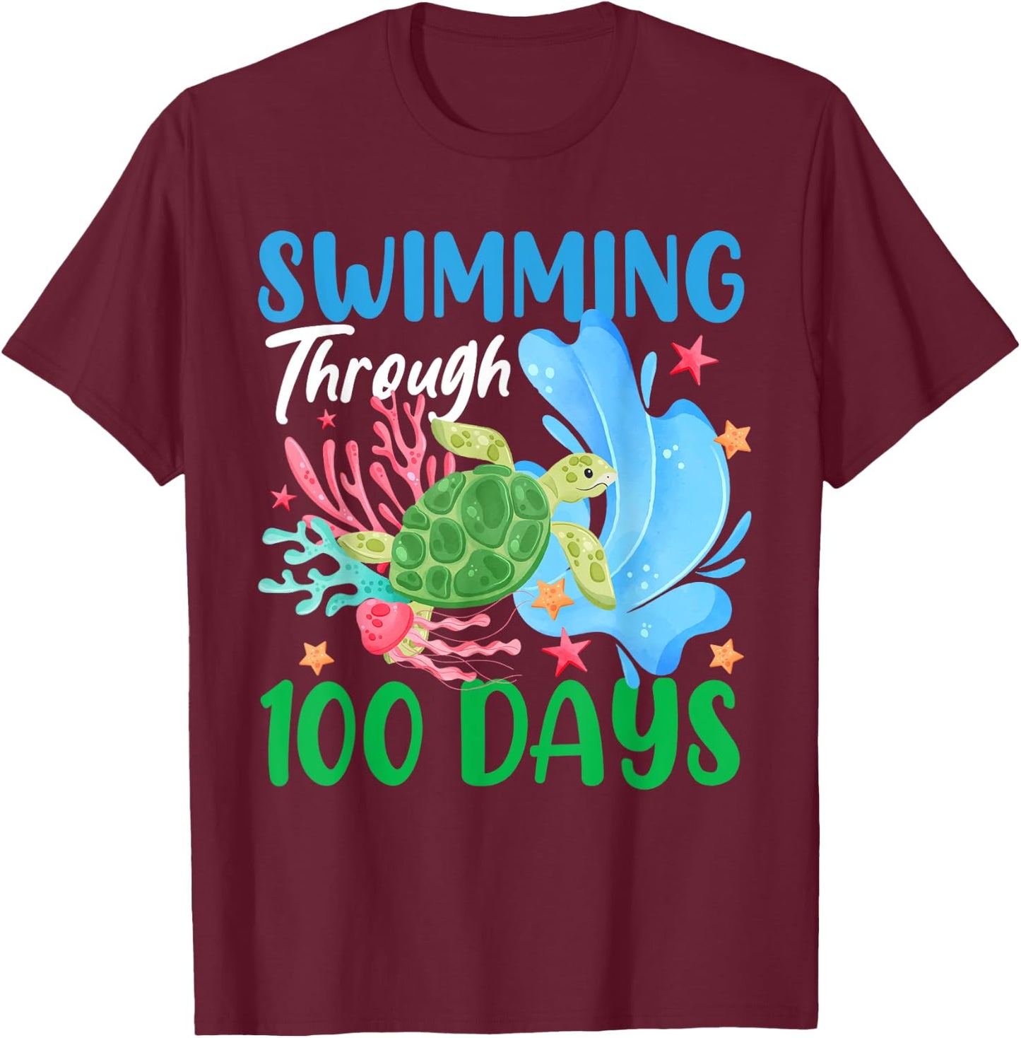 Sea Turtle Swimming Through 100 Days Of School Teacher Kids T-Shirt - T-Shirt | Maroon