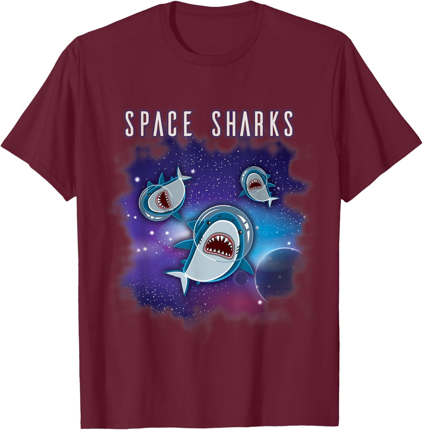 SPACE SHARKS | Funny Astronaut Sharks in Space T-Shirt - T-Shirt | Maroon