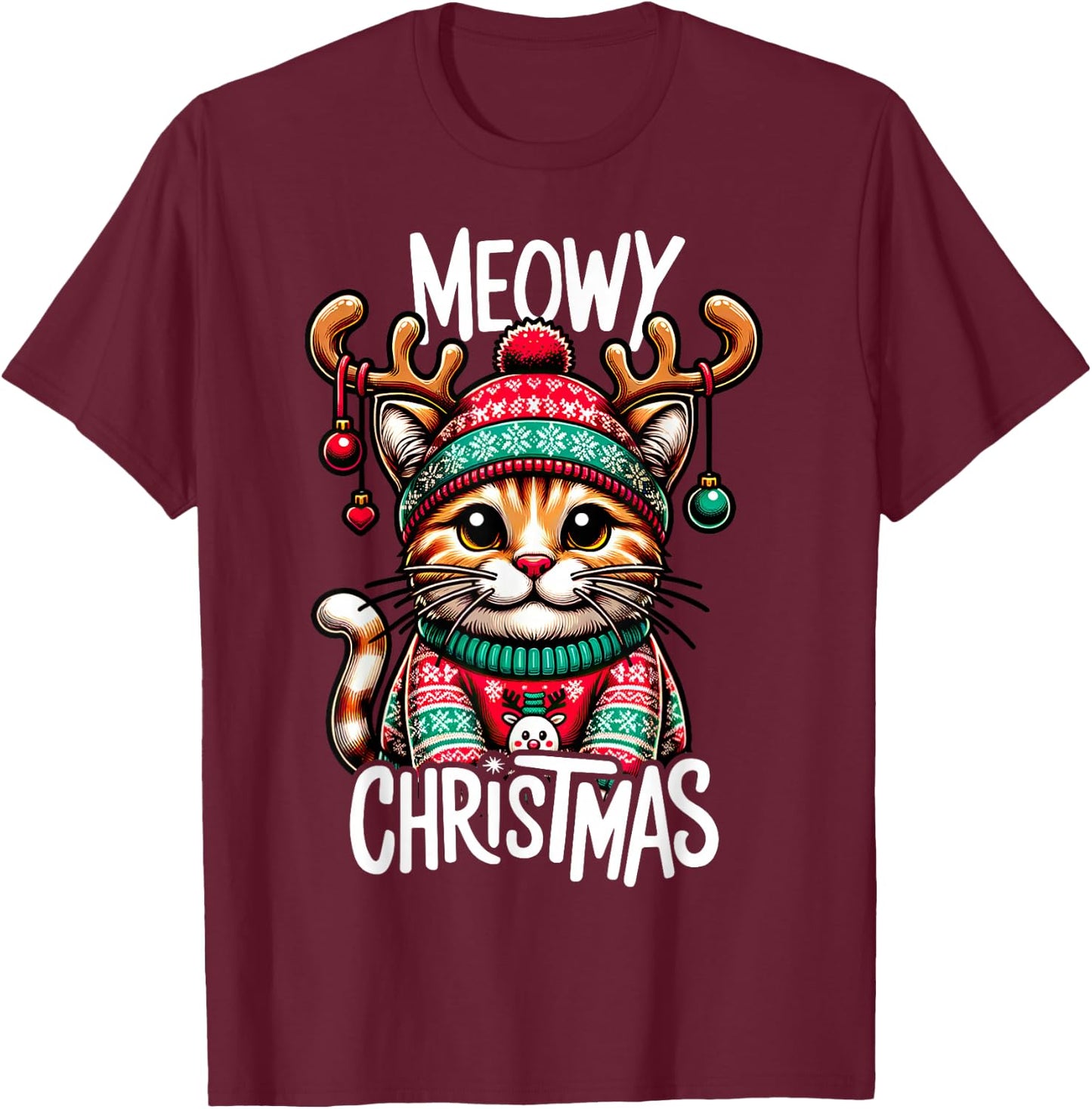 Meowy Christmas Cat Lover Funny Festive Holidays Cute Kitten Men Women Kids T-Shirt - T-Shirt | Maroon