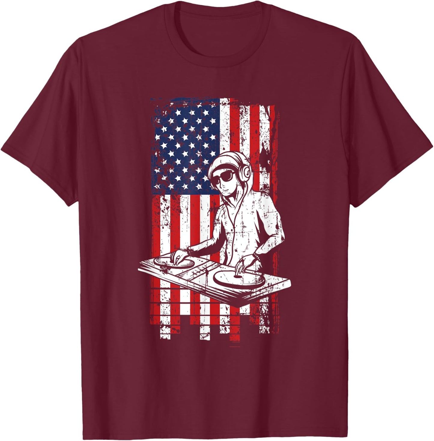 4th of July American Flag DJ Music Lover Turntable Gifts T-Shirt - T-Shirt | Maroon