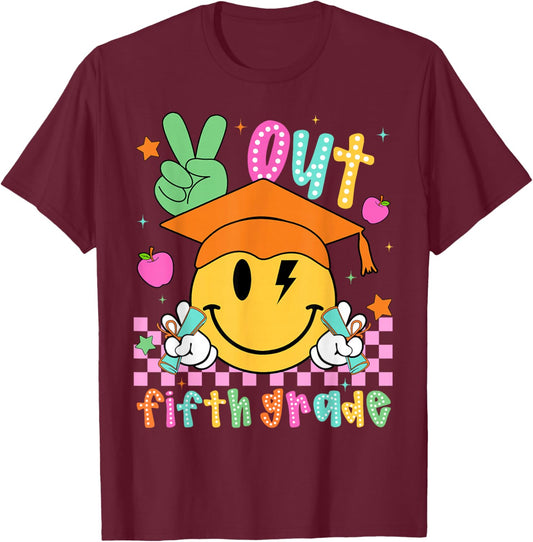 Last Day of School Peace Out 5th Grade Boy Girl Smile Face T-Shirt - T-Shirt | Maroon