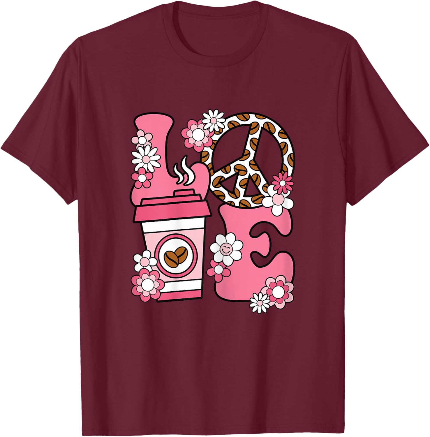 Cute Coffee Clothing Women Women's Graphic Pink Coffee Cup Print X-Small Black Coffee Lover T-Shirt - T-Shirt | Maroon