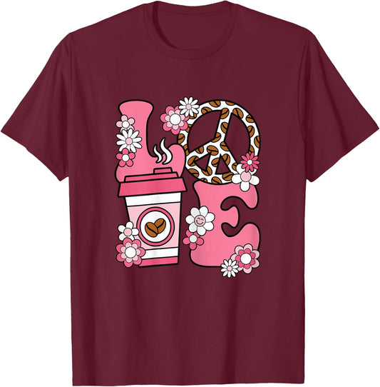 Cute Coffee Clothing Women Women's Graphic Pink Coffee Cup Print X-Small Black Coffee Lover T-Shirt - T-Shirt | Maroon