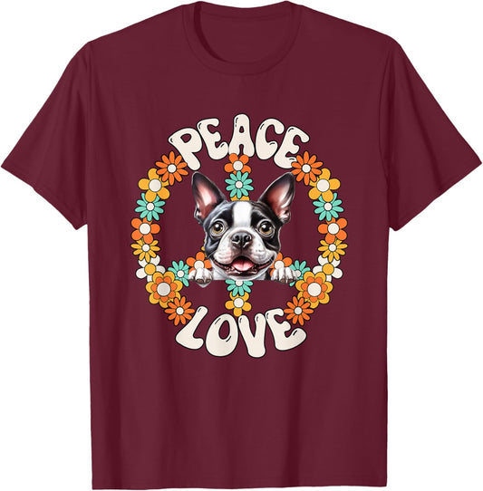 60s 70s Groovy Peace Love Boston Terrier Lovers T-Shirt - T-Shirt | Maroon