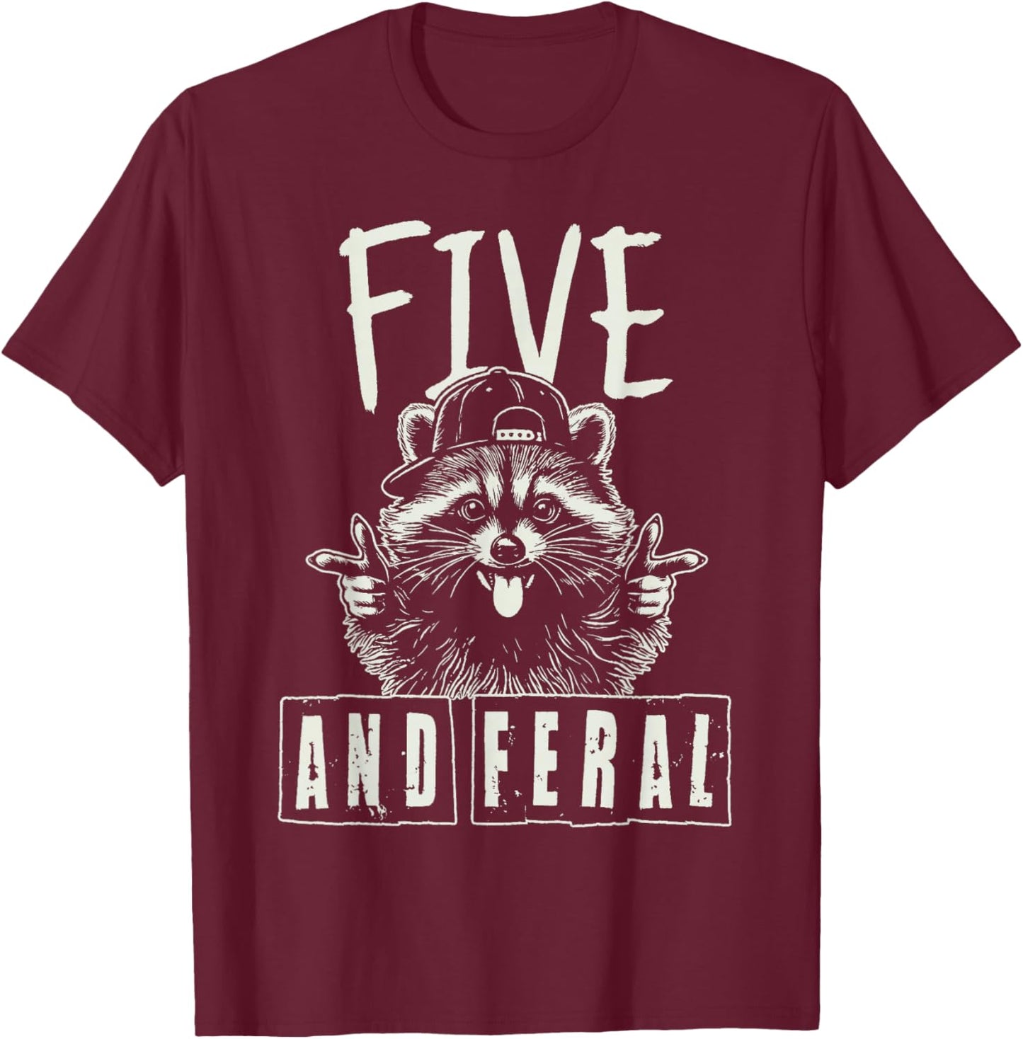 Feral and Five Raccoon 5th Birthday Girls Boys Kids T-Shirt - T-Shirt | Maroon