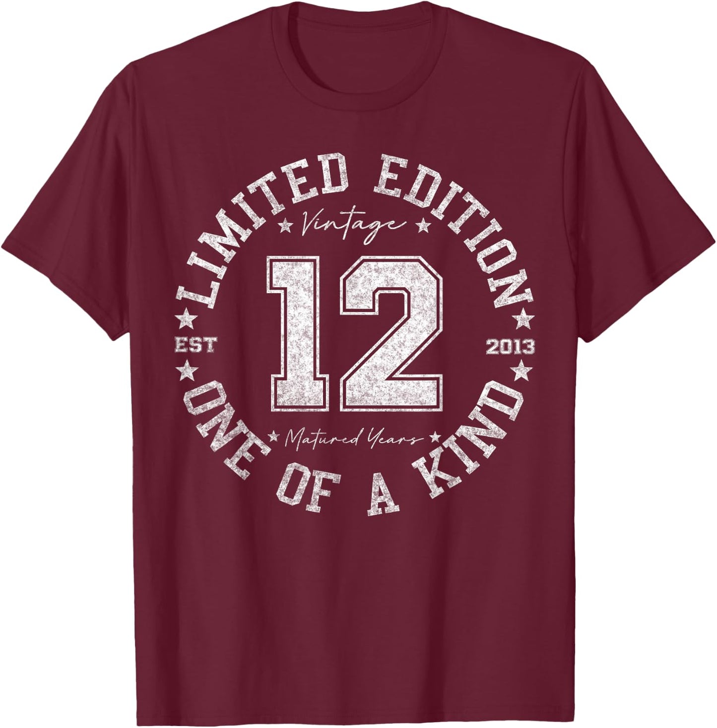Retro One Of a Kind Shirts Women 2025 12th Birthday , , Black, Small, , Classic, Short Sleeve, Vintage, Number, 12-Year-Olds, Girls, Boys T-Shirt - T-Shirt | Maroon