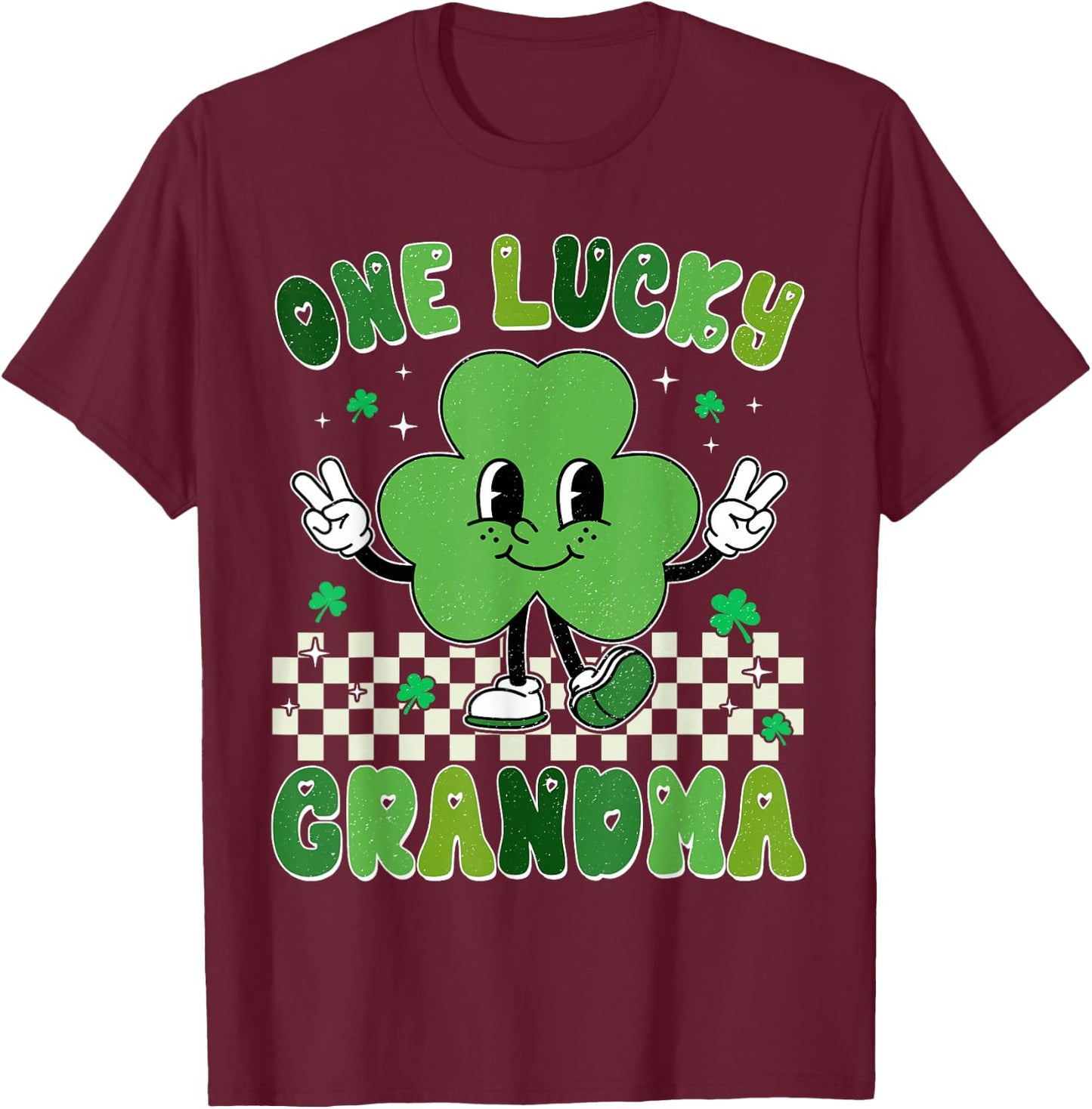 Retro Groovy One Lucky Grandma St Patrick's Day Women Mama T-Shirt - T-Shirt | Maroon