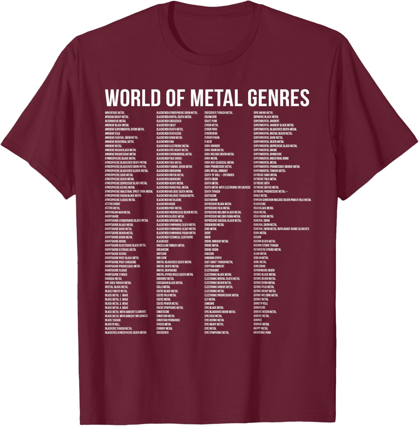 World Of Metal Genres 433 Genres And Subgenres Metal Fan T-Shirt - T-Shirt | Maroon