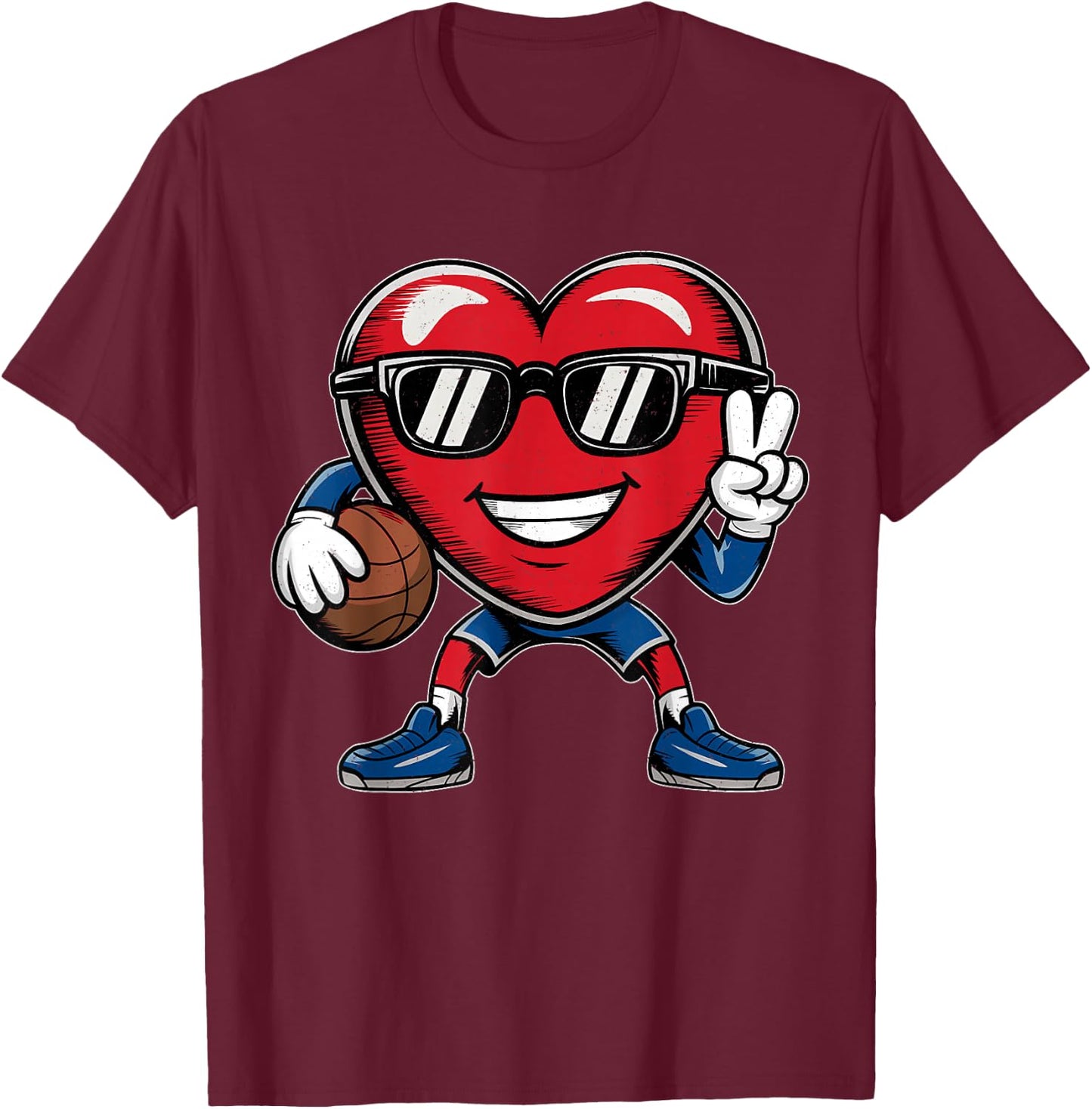 Heart Playing Basketball Valentines Day Basketball Boy Girl T-Shirt - T-Shirt | Maroon