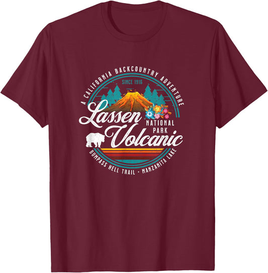 Retro Lassen Volcanic National Park Vintage Hiking Camping T-Shirt - T-Shirt | Maroon