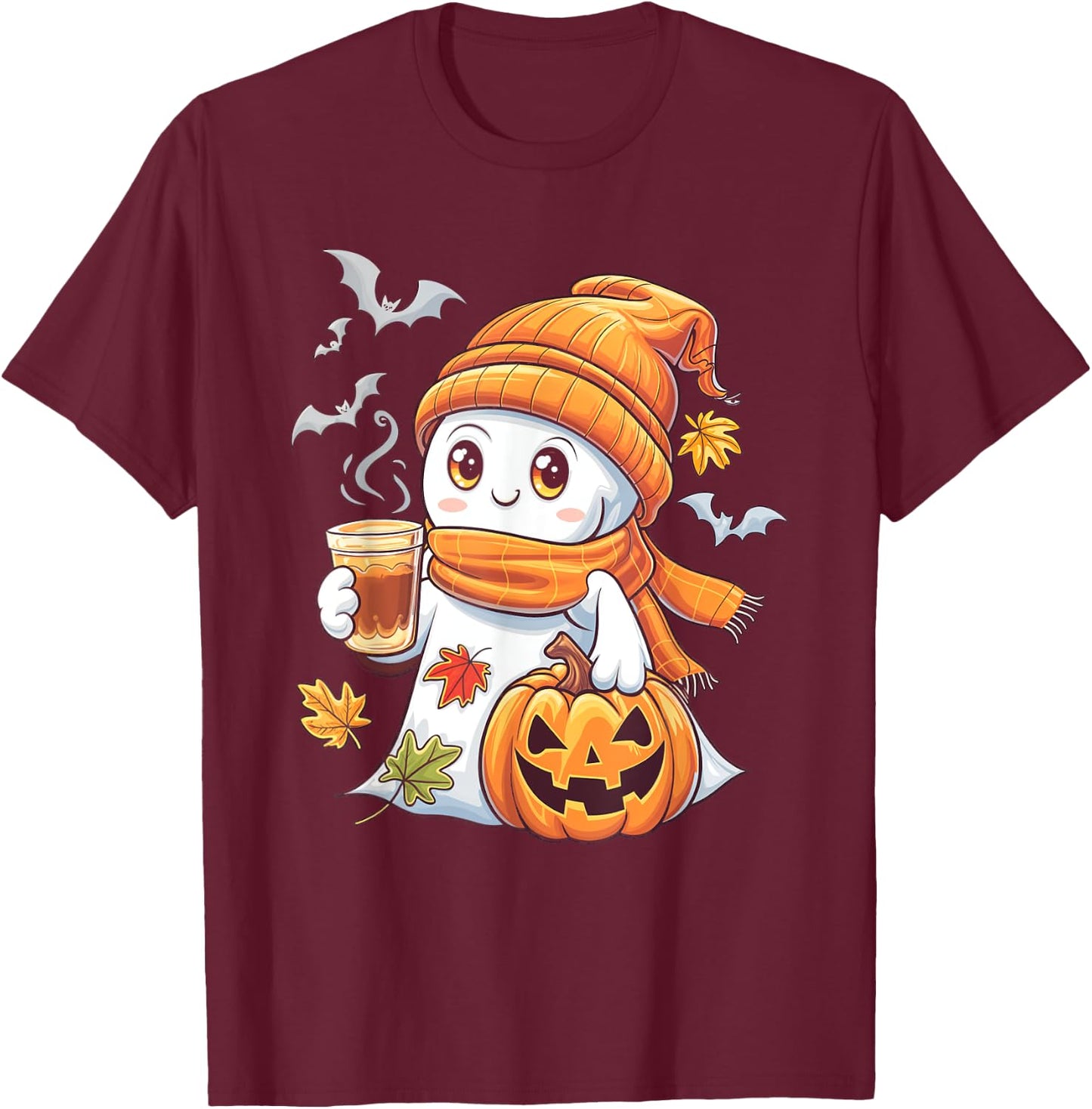Cute Ghost Pumpkin Coffee Halloween Fall Ghost T-Shirt - T-Shirt | Maroon