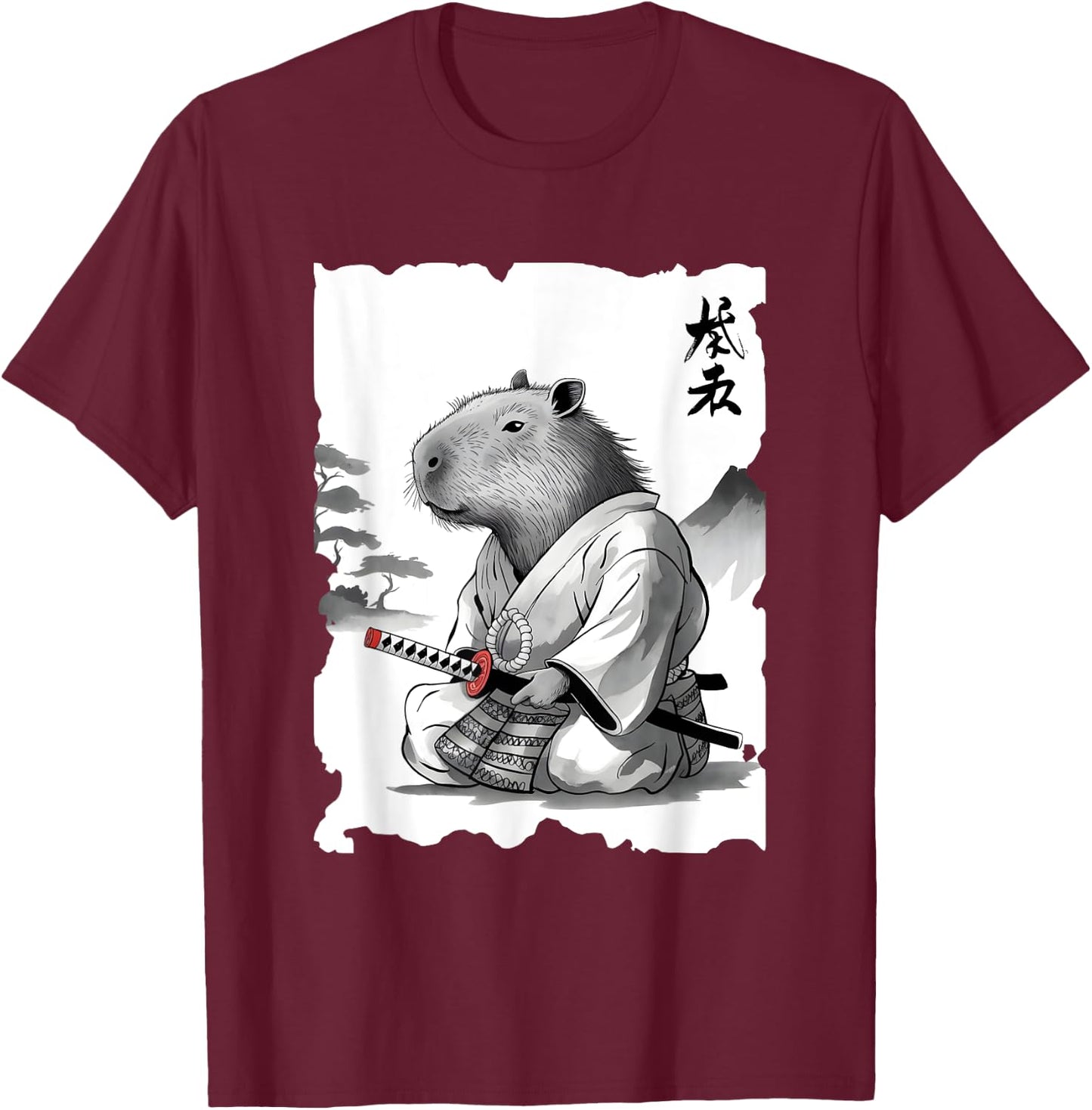 Samurai Capybara Warrior - Vintage Graphic Japanese Art T-Shirt - T-Shirt | Maroon
