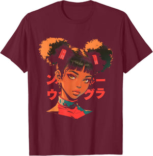 Harajuku Cyberpunk Black Girl Anime Manga Waifu Japanese T-Shirt - T-Shirt | Maroon