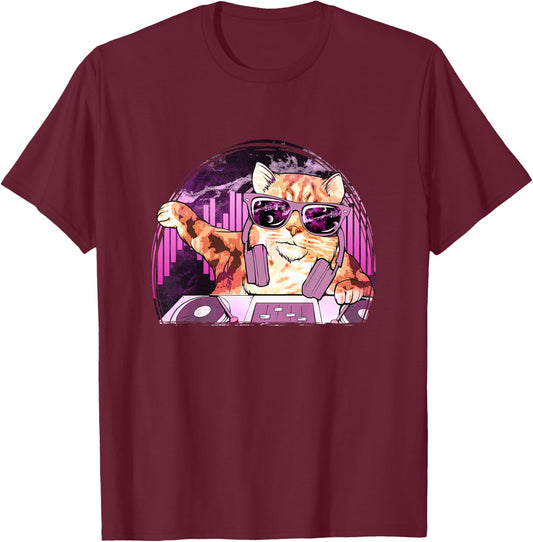Cat Shirt - Cool Kitty Cat DJ Space Music Kids T-Shirt - T-Shirt | Maroon
