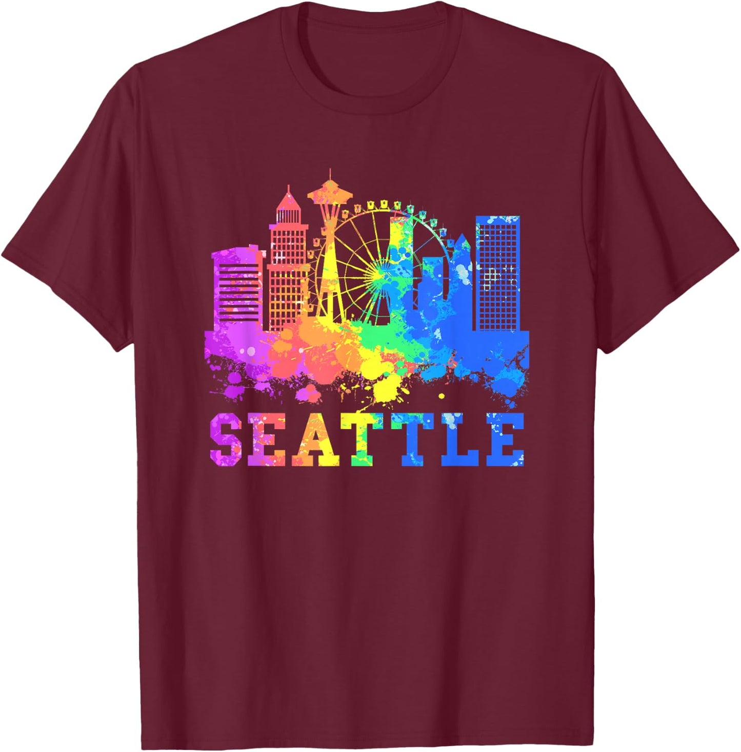Seattle Washington Skyline Watercolor Souvenir Seattle T-Shirt - T-Shirt | Maroon