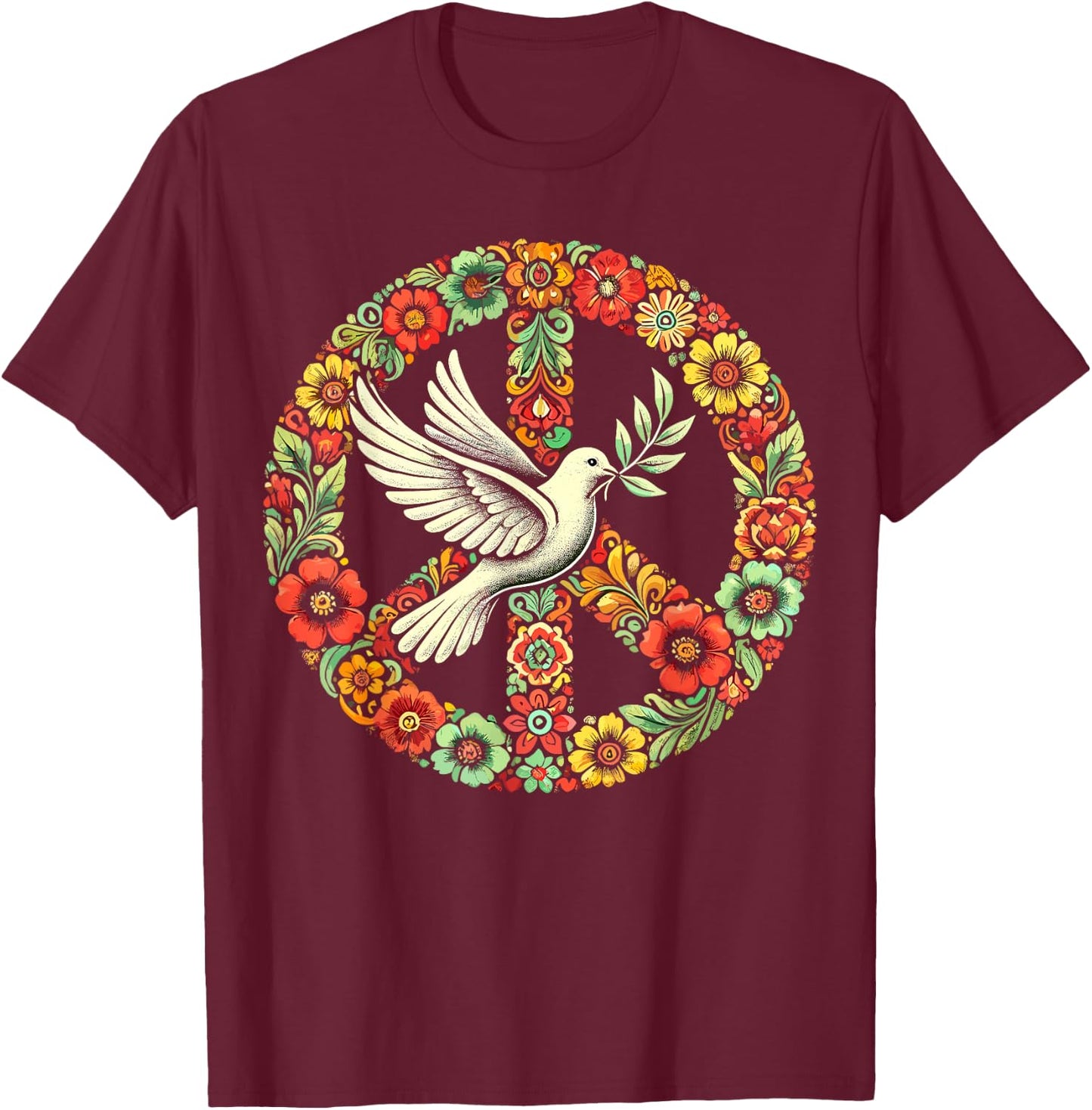 Hippie Tie Dye Peace Dove Bird T-Shirt - T-Shirt | Maroon