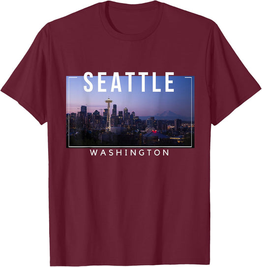 Seattle Washington Skyline Space Needle Mount Rainier T-Shirt - T-Shirt | Maroon