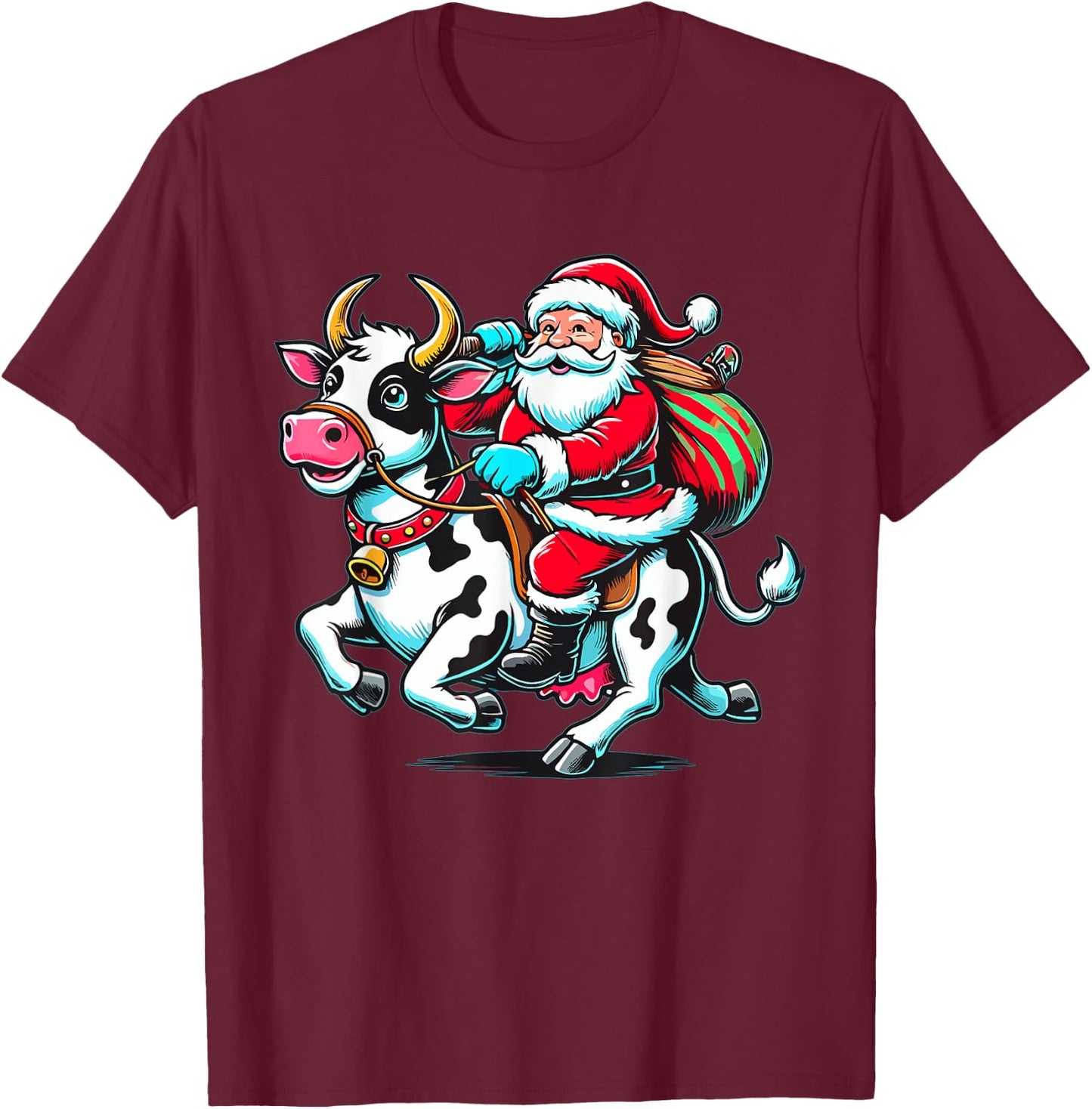 Santa Riding Cow Farmer Xmas Christmas T-Shirt - T-Shirt | Maroon