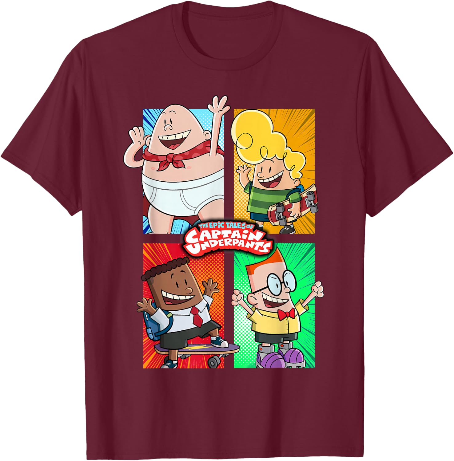 Captain Underpants The First Epic Movie 4 Square Friends T-Shirt - T-Shirt | Maroon