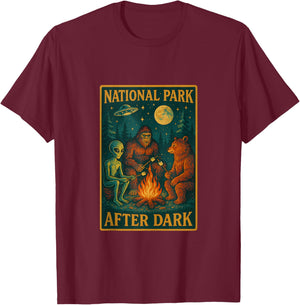 National Park After Dark Alien Bigfoot Bear Camping T-Shirt - T-Shirt | Maroon