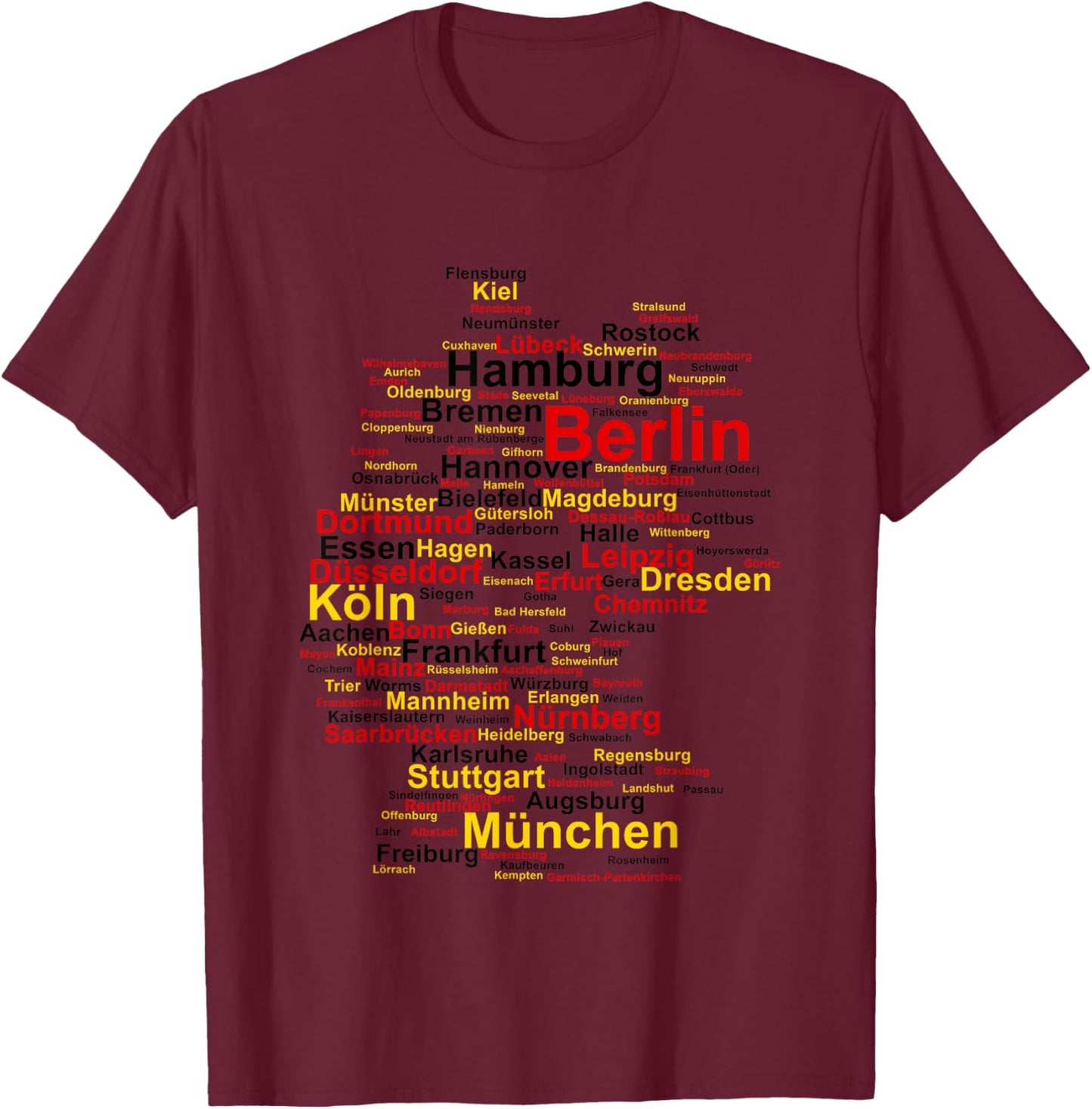 Germany Map Silhouette Towns Cities Flag Berlin Travel Small T-Shirt - T-Shirt | Maroon