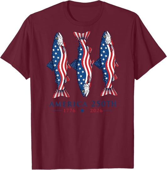 (On Back) 250 America Years 1776 2026 Fishing USA Flag Retro T-Shirt - T-Shirt | Maroon